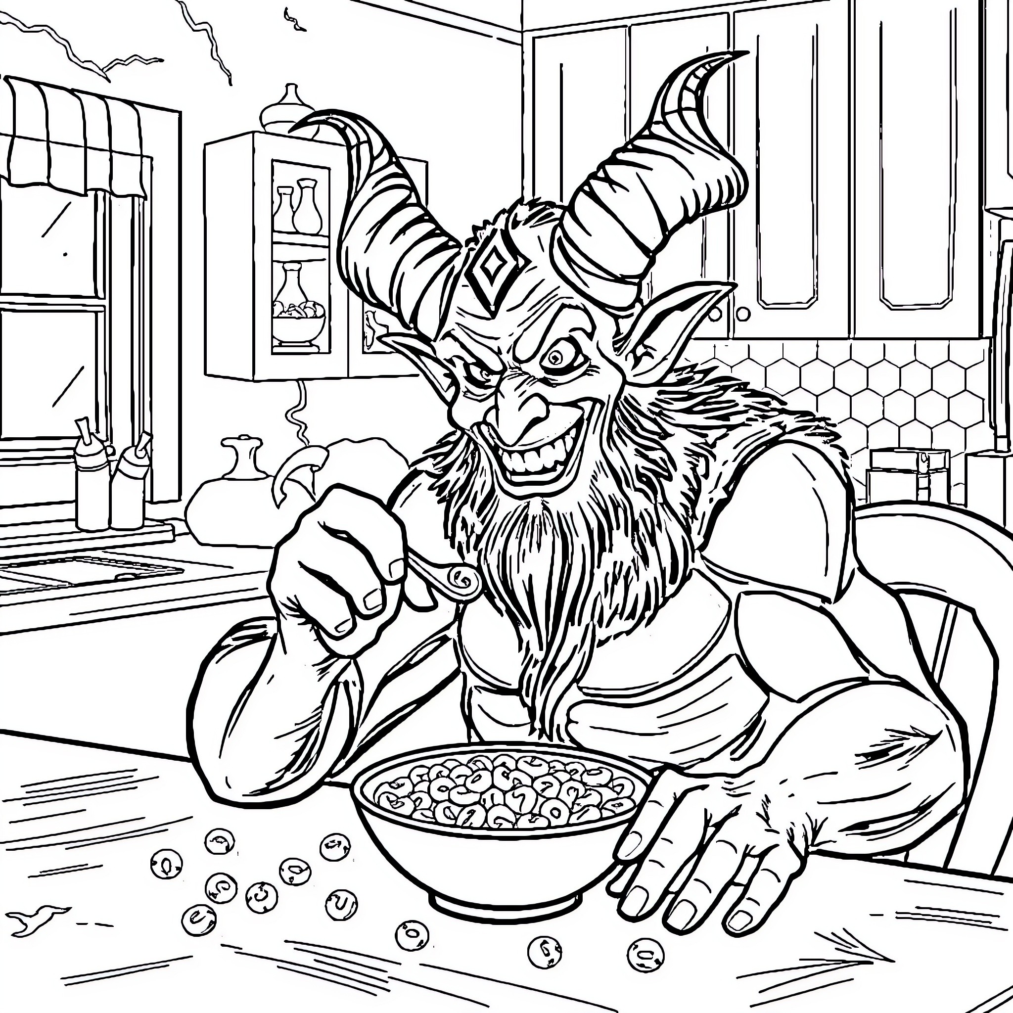 Satan's Sinister Feast in a Sinister Kitchen Coloring Page (free black-and-white line drawing printable PDF for all, from beginners to advanced learners, including children, teens, adults, and seniors)