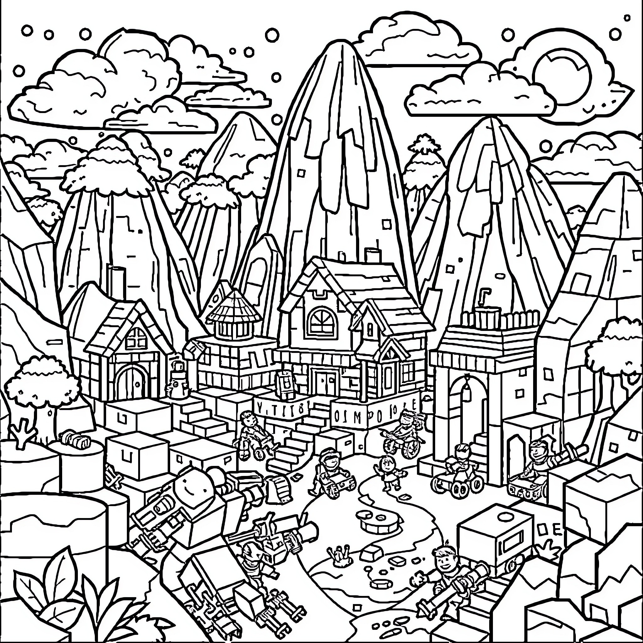 Minecraft Landscape with Medieval Town and Mountains Coloring Page (free black-and-white line drawing printable PDF for all, from beginners to advanced learners, including children, teens, adults, and seniors)