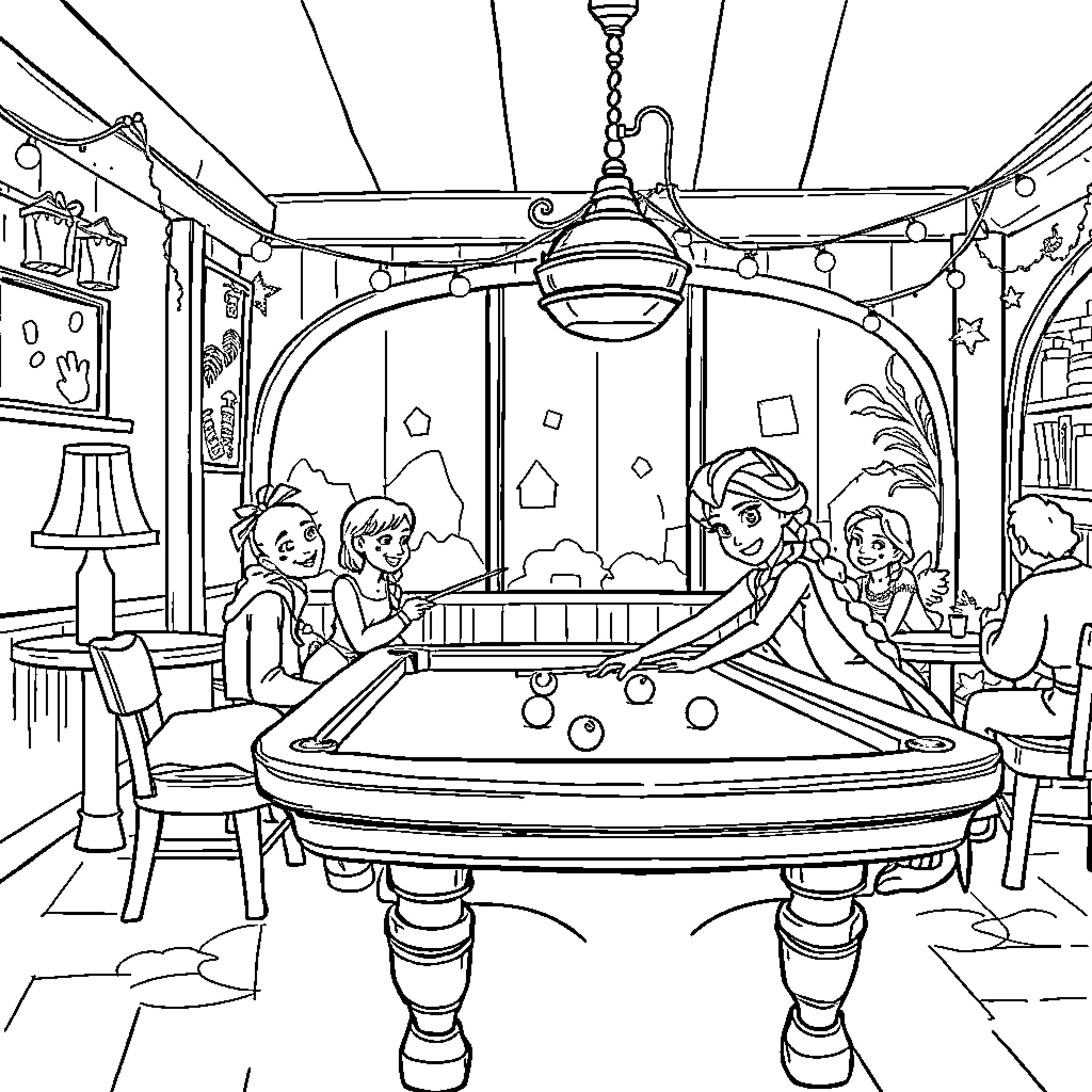 Anna's Family Game Night at Home Coloring Page (free black-and-white line drawing printable PDF for all, from beginners to advanced learners, including children, teens, adults, and seniors)