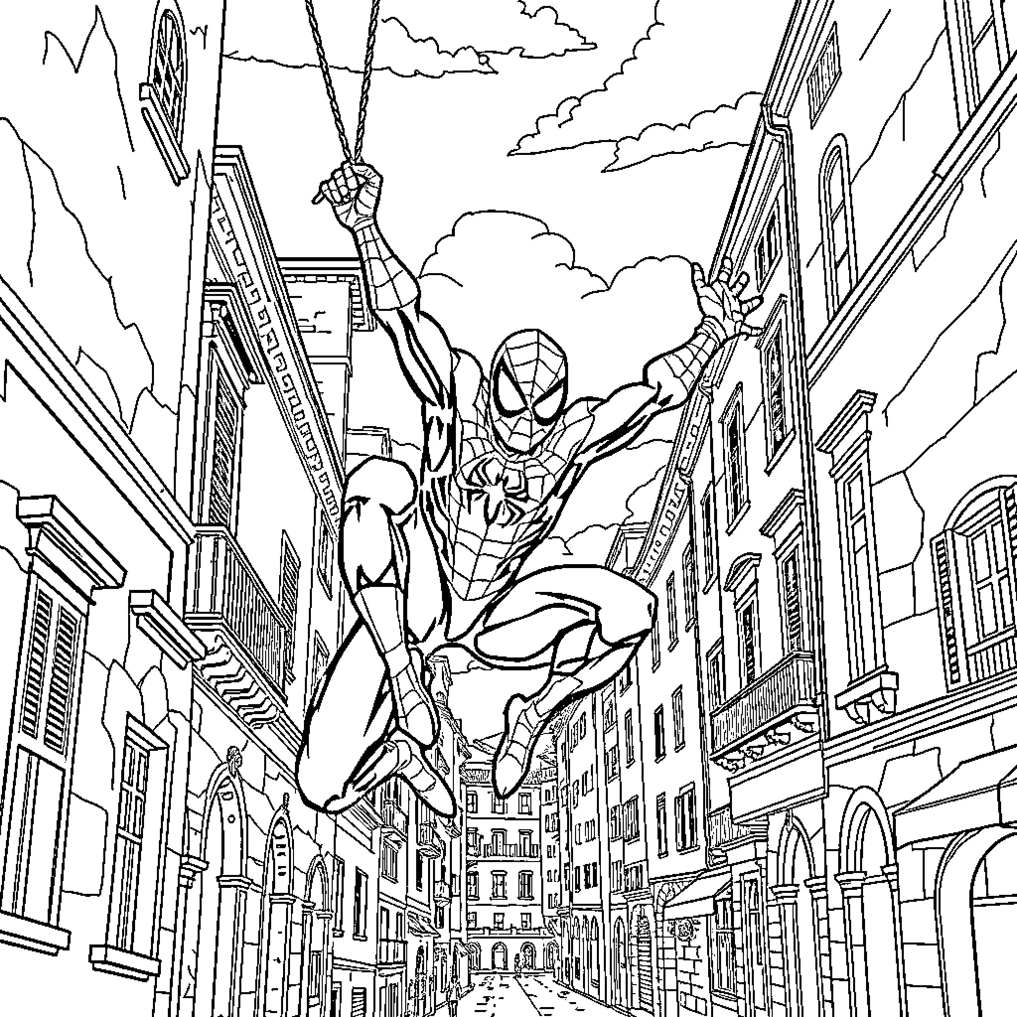 Spiderman swinging through the city streets Coloring Page (free black-and-white line drawing printable PDF for all, from beginners to advanced learners, including children, teens, adults, and seniors)