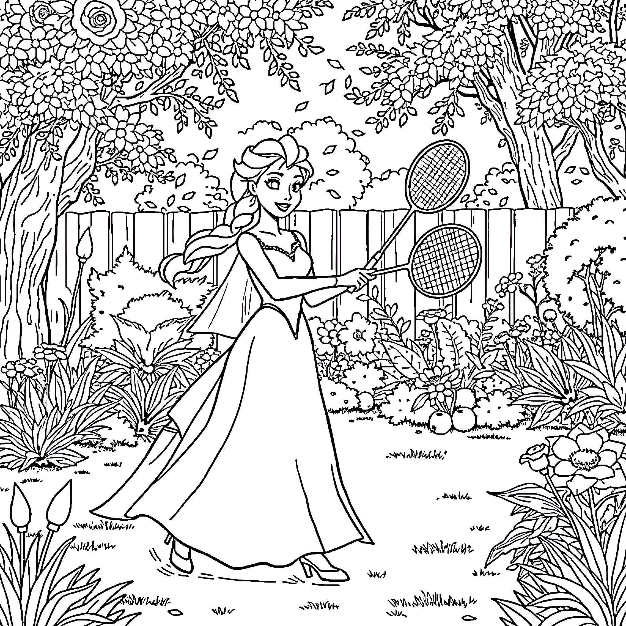 Princess Elsa playing in the garden with a badminton racket Coloring Page (free black-and-white line drawing printable PDF for all, from beginners to advanced learners, including children, teens, adults, and seniors)