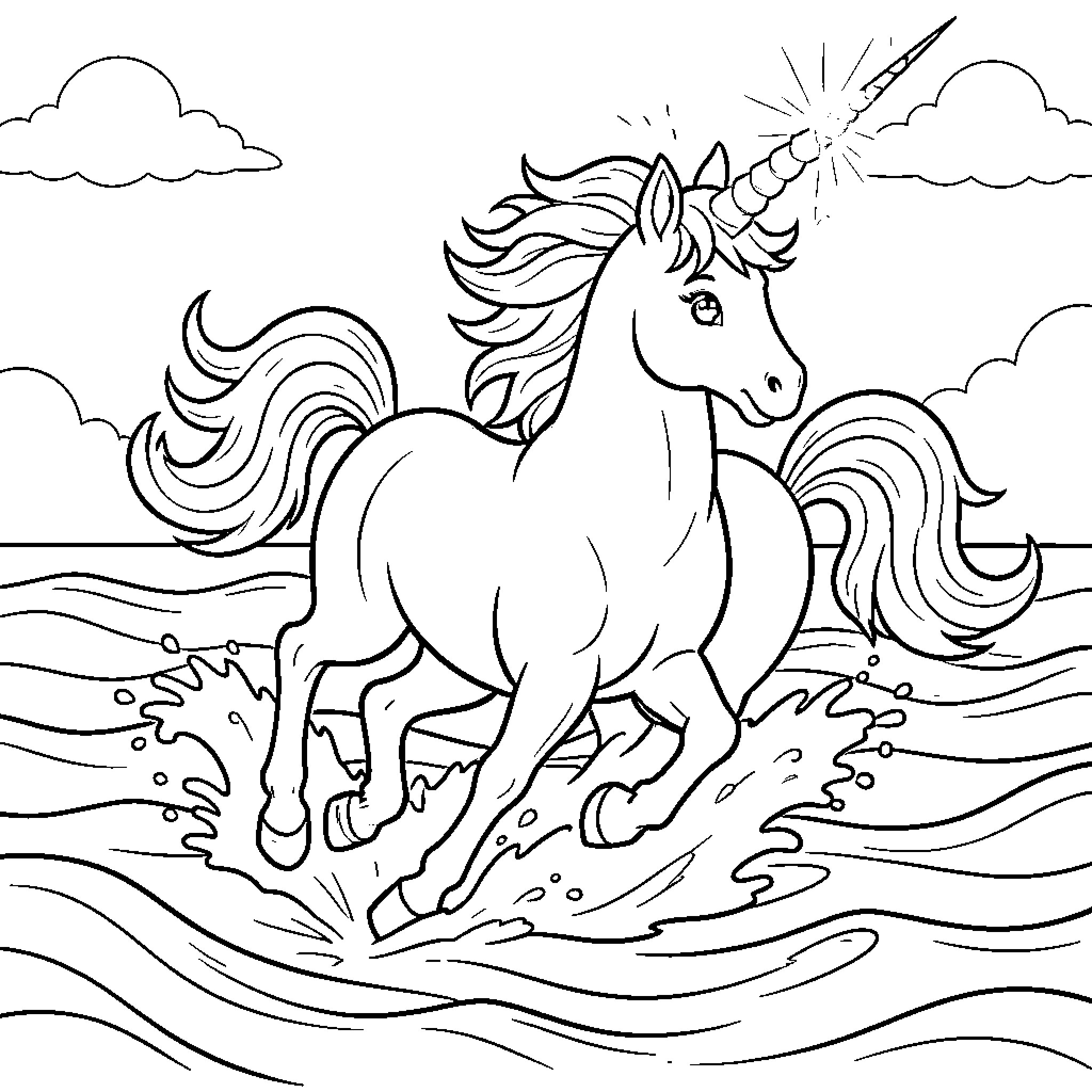 Unicorn galloping through a magical landscape Coloring Page (free black-and-white line drawing printable PDF for all, from beginners to advanced learners, including children, teens, adults, and seniors)