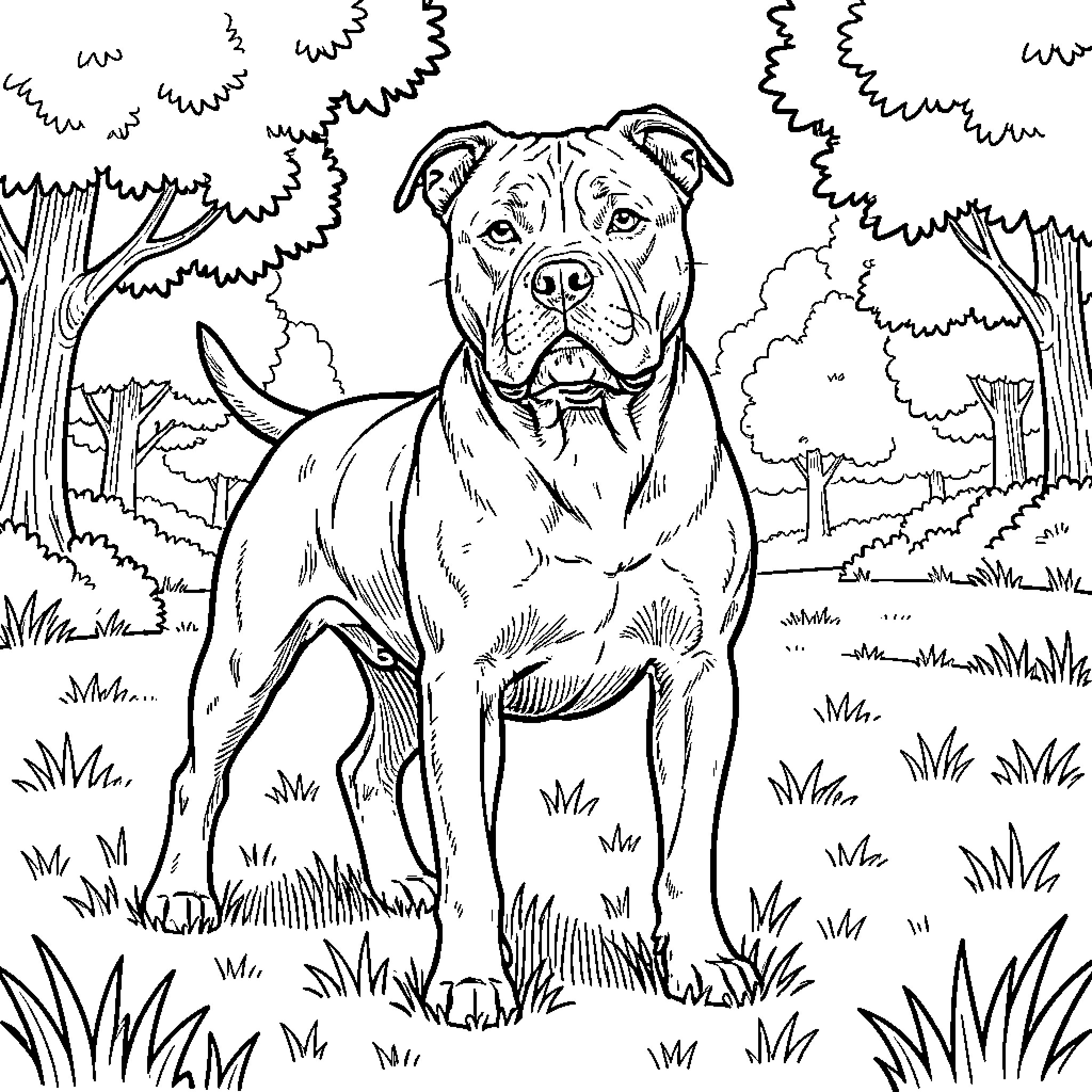 Pitbull standing in grassy field surrounded by trees Coloring Page (free black-and-white line drawing printable PDF for all, from beginners to advanced learners, including children, teens, adults, and seniors)