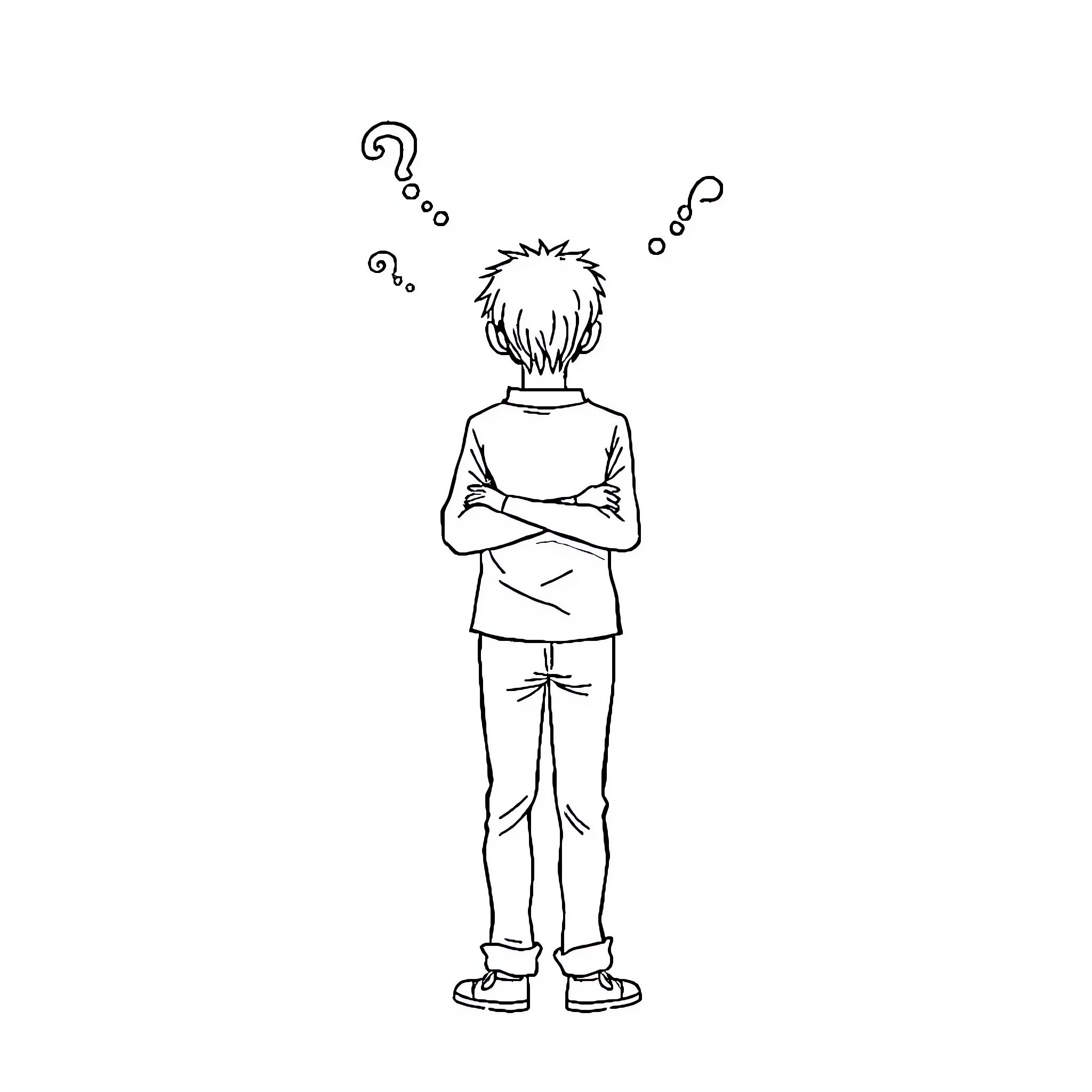 Amnesia - Perplexed figure with questions Coloring Page (free black-and-white line drawing printable PDF for all, from beginners to advanced learners, including children, teens, adults, and seniors)