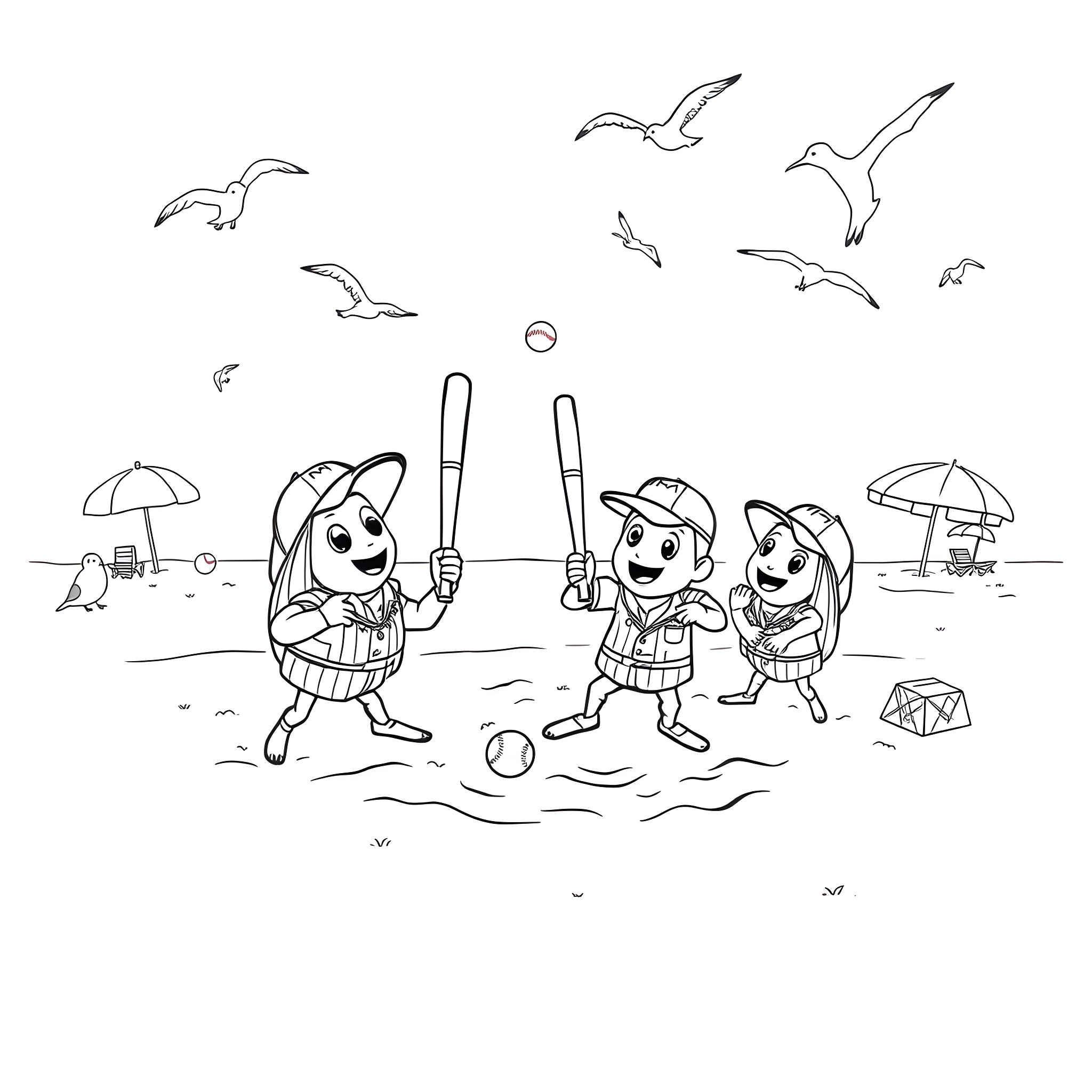 Oyster characters playing baseball at the beach Coloring Page (free black-and-white line drawing printable PDF for all, from beginners to advanced learners, including children, teens, adults, and seniors)