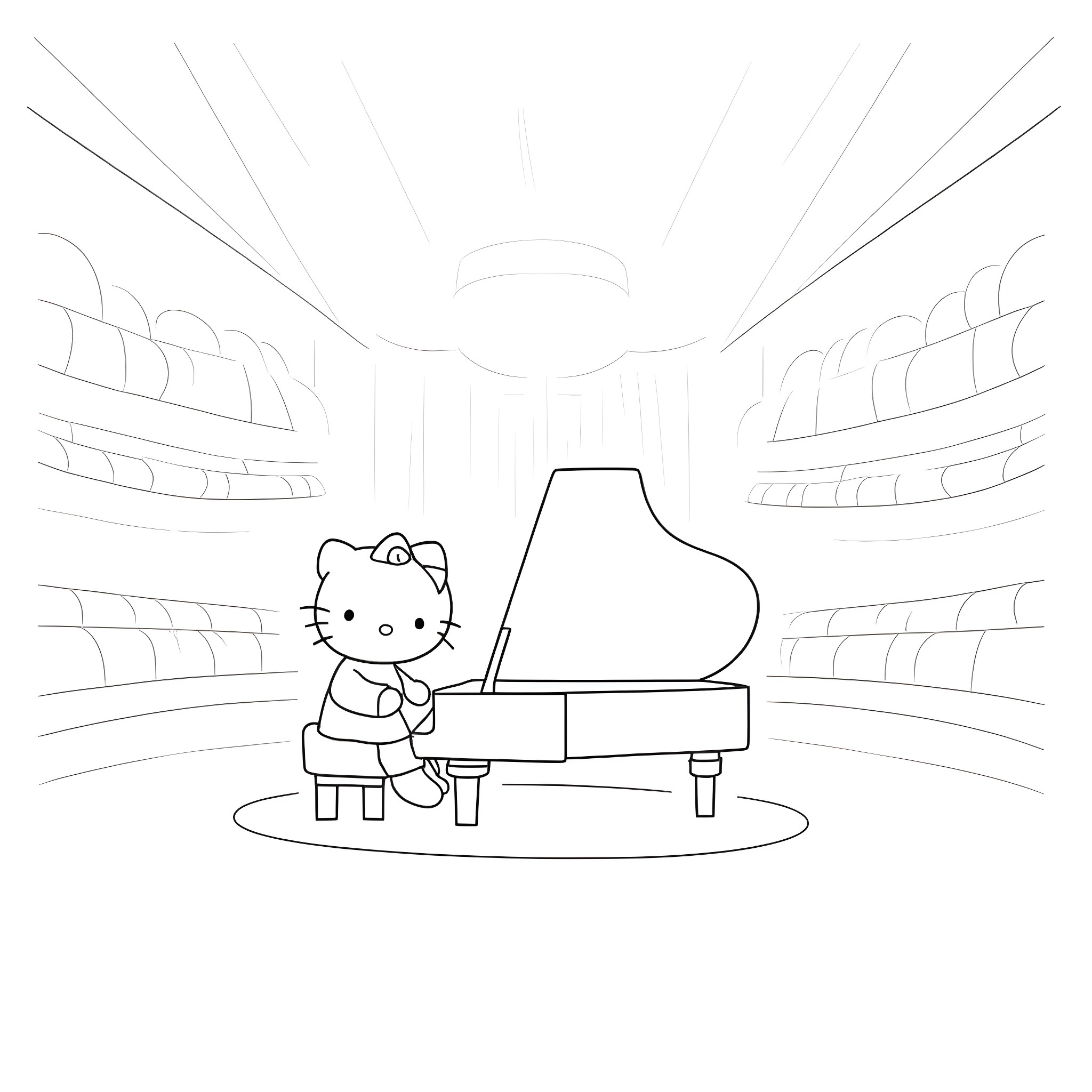 Hello Kitty playing piano on stage Coloring Page (free black-and-white line drawing printable PDF for all, from beginners to advanced learners, including children, teens, adults, and seniors)