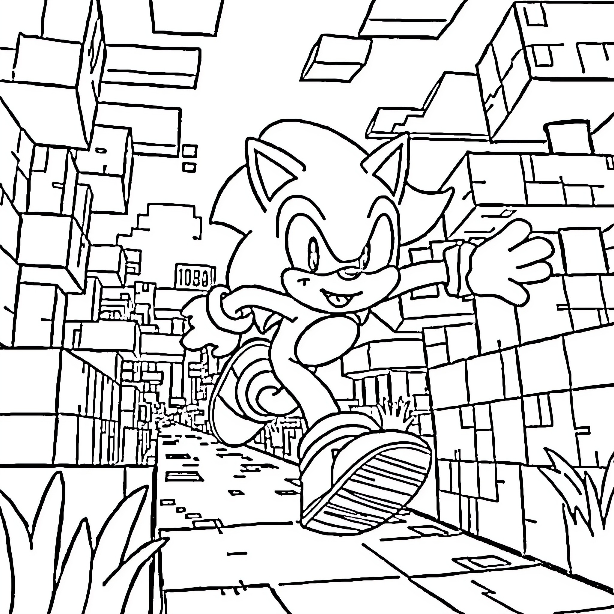 Sonic speeding through the abstract city landscape Coloring Page (free black-and-white line drawing printable PDF for all, from beginners to advanced learners, including children, teens, adults, and seniors)