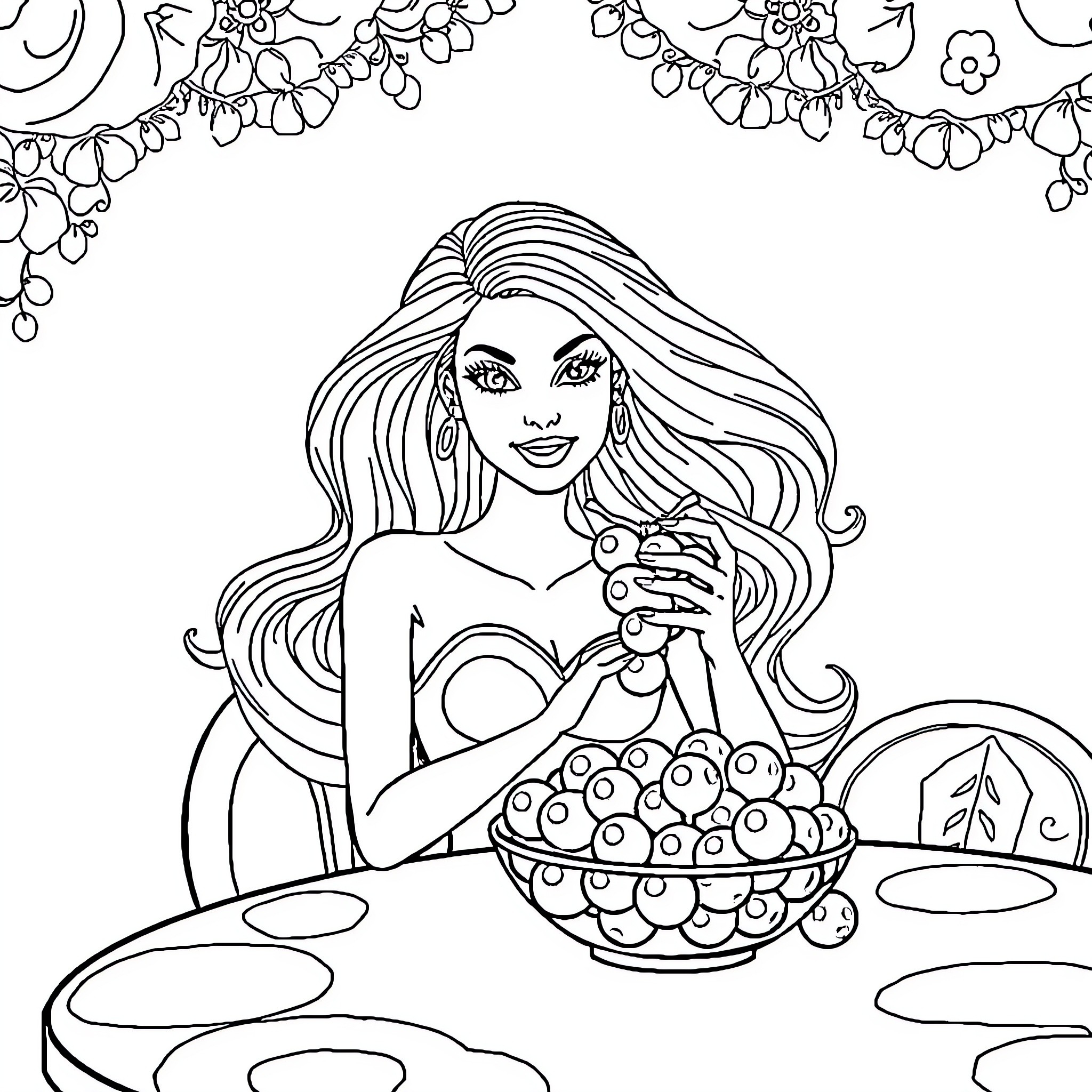 Barbie enjoying a delightful fruit basket Coloring Page (free black-and-white line drawing printable PDF for all, from beginners to advanced learners, including children, teens, adults, and seniors)