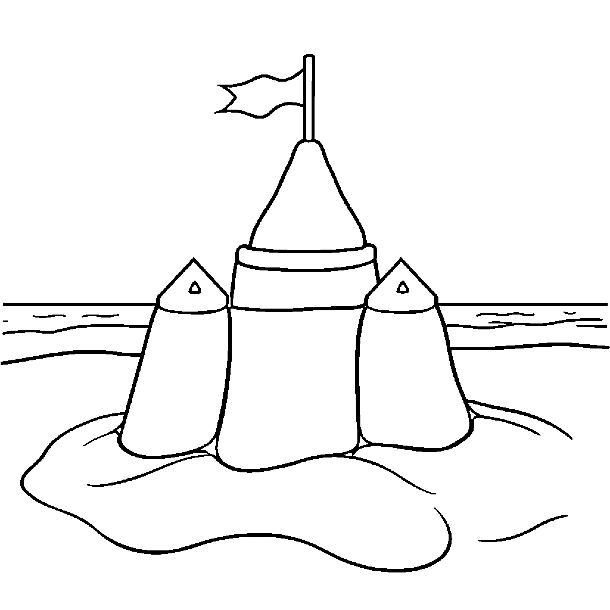 Sandcastle with flag on the beach Coloring Page (free black-and-white line drawing printable PDF for all, from beginners to advanced learners, including children, teens, adults, and seniors)