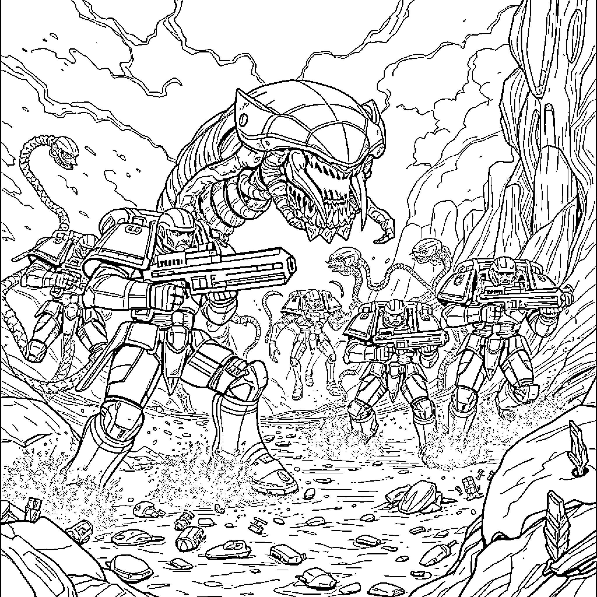 Warhammer: Soldiers Fighting Monstrous Alien Foe Coloring Page (free black-and-white line drawing printable PDF for all, from beginners to advanced learners, including children, teens, adults, and seniors)