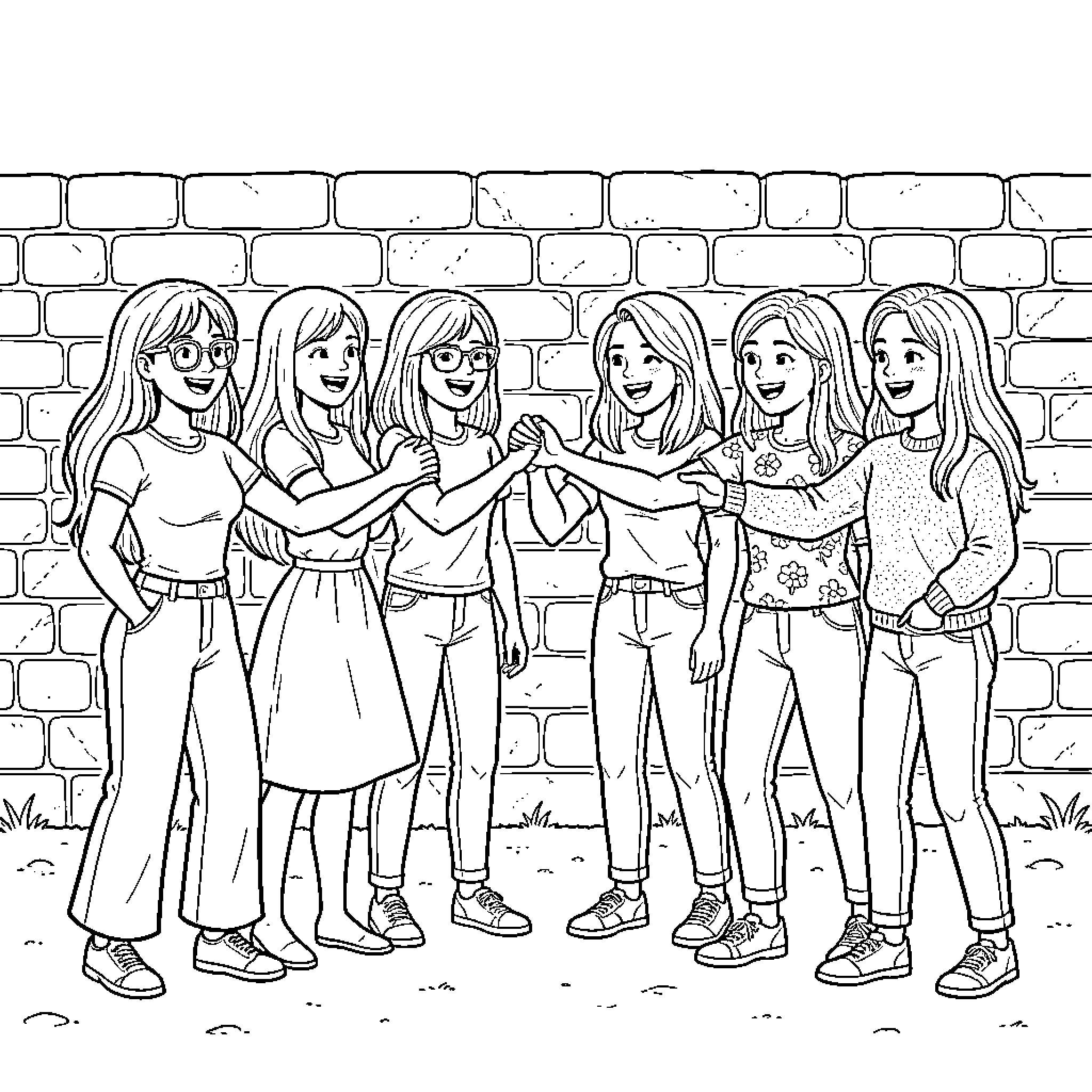 Fille friends enjoy outdoor gathering Coloring Page (free black-and-white line drawing printable PDF for all, from beginners to advanced learners, including children, teens, adults, and seniors)