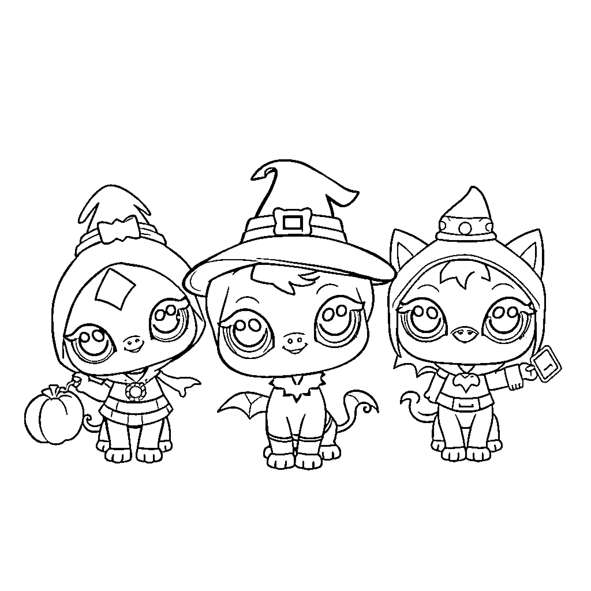 Pet Cats Wearing Costumes for Halloween Coloring Page (free black-and-white line drawing printable PDF for all, from beginners to advanced learners, including children, teens, adults, and seniors)