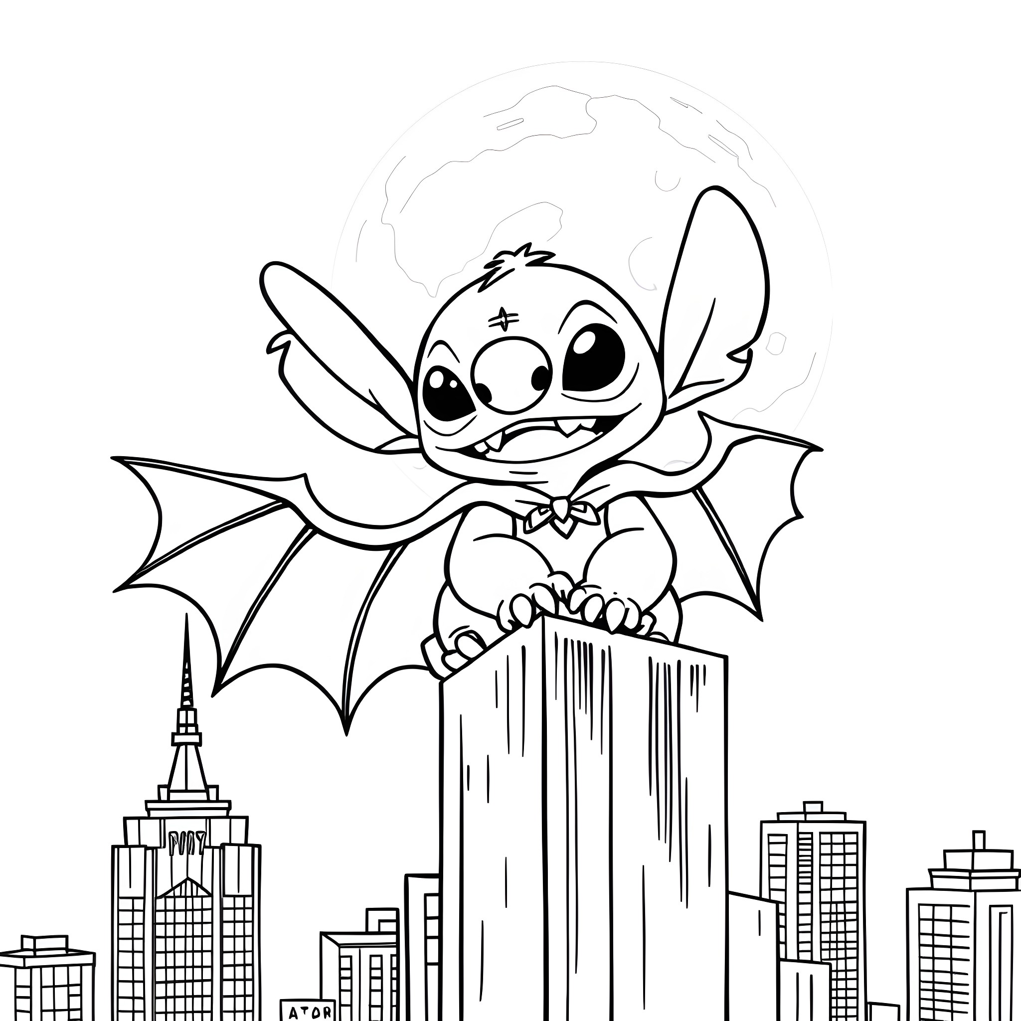 Stitch Soaring Over the City Coloring Page (free black-and-white line drawing printable PDF for all, from beginners to advanced learners, including children, teens, adults, and seniors)