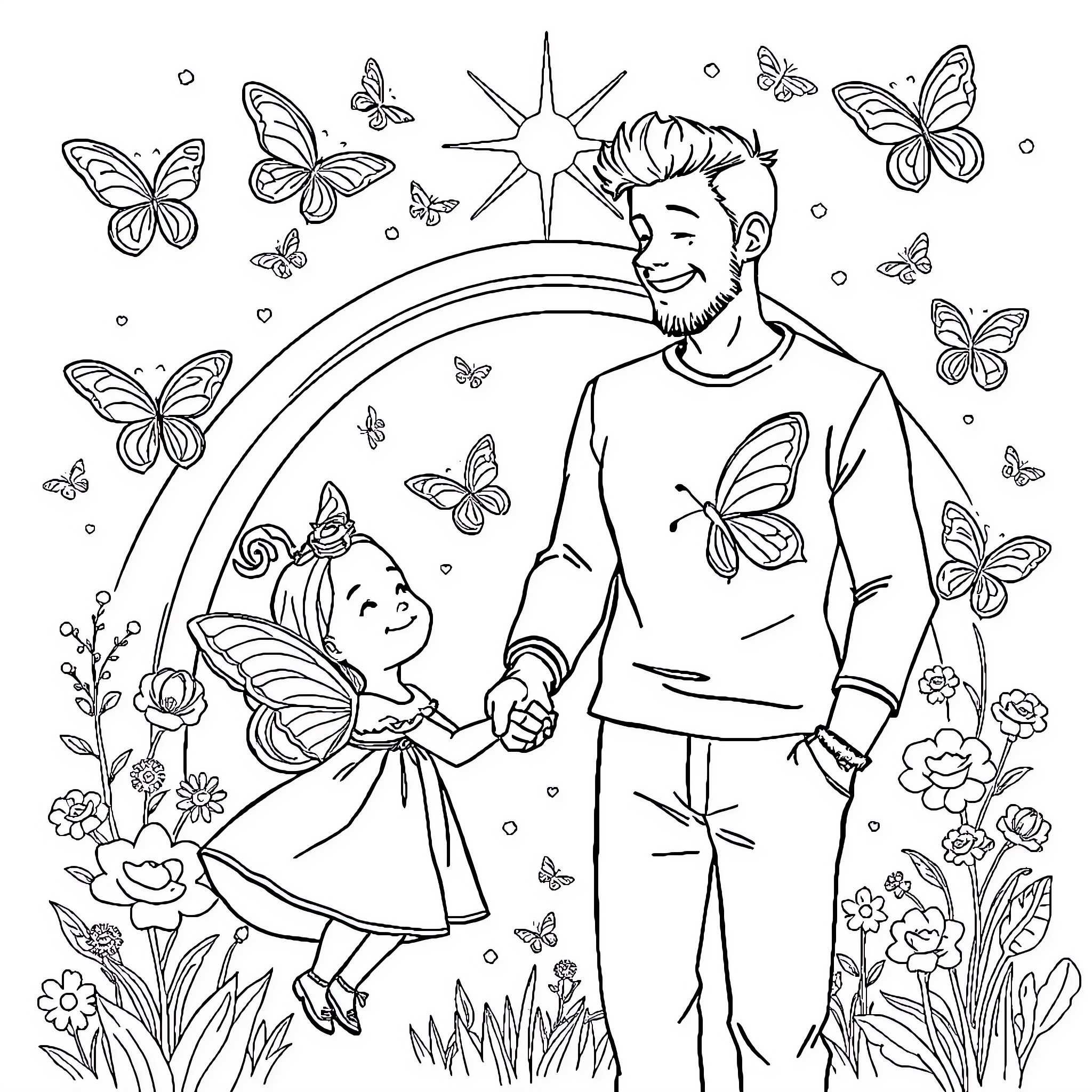 Unicorn siblings exploring magical butterfly garden Coloring Page (free black-and-white line drawing printable PDF for all, from beginners to advanced learners, including children, teens, adults, and seniors)