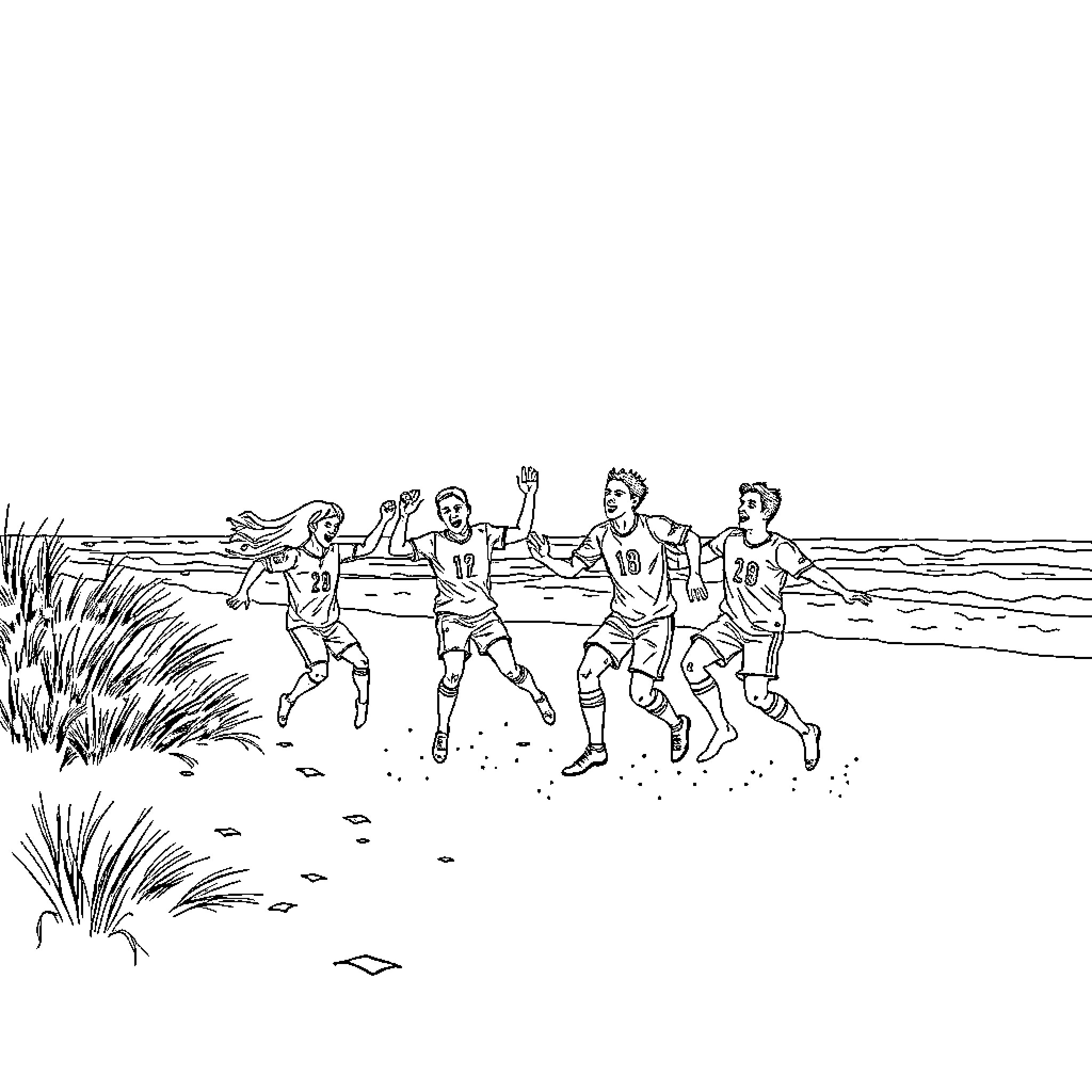 Football Players Engaged in Competitive Match Coloring Page (free black-and-white line drawing printable PDF for all, from beginners to advanced learners, including children, teens, adults, and seniors)