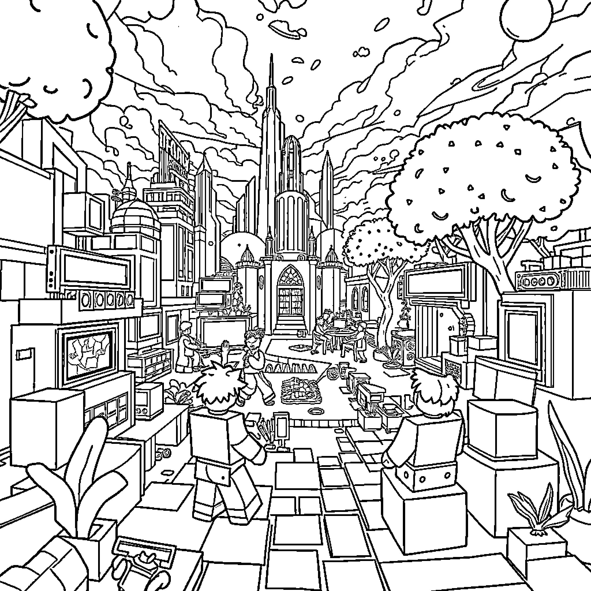Roblox Bustling City Adventure Coloring Page (free black-and-white line drawing printable PDF for all, from beginners to advanced learners, including children, teens, adults, and seniors)