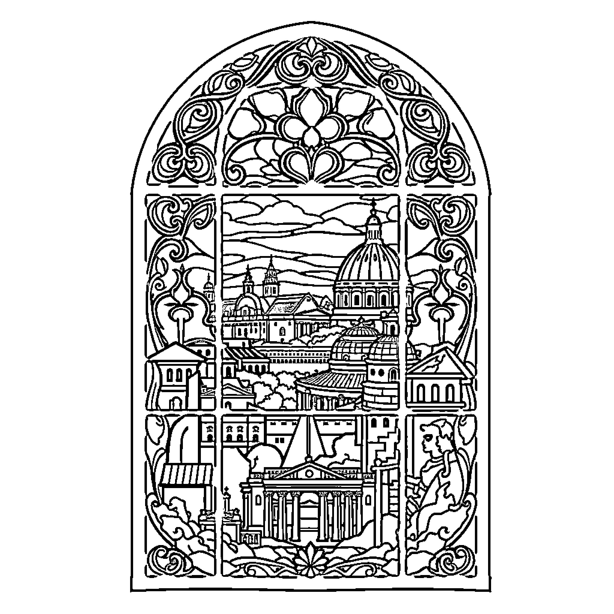 Window to a Historic City Landscape Coloring Page (free black-and-white line drawing printable PDF for all, from beginners to advanced learners, including children, teens, adults, and seniors)