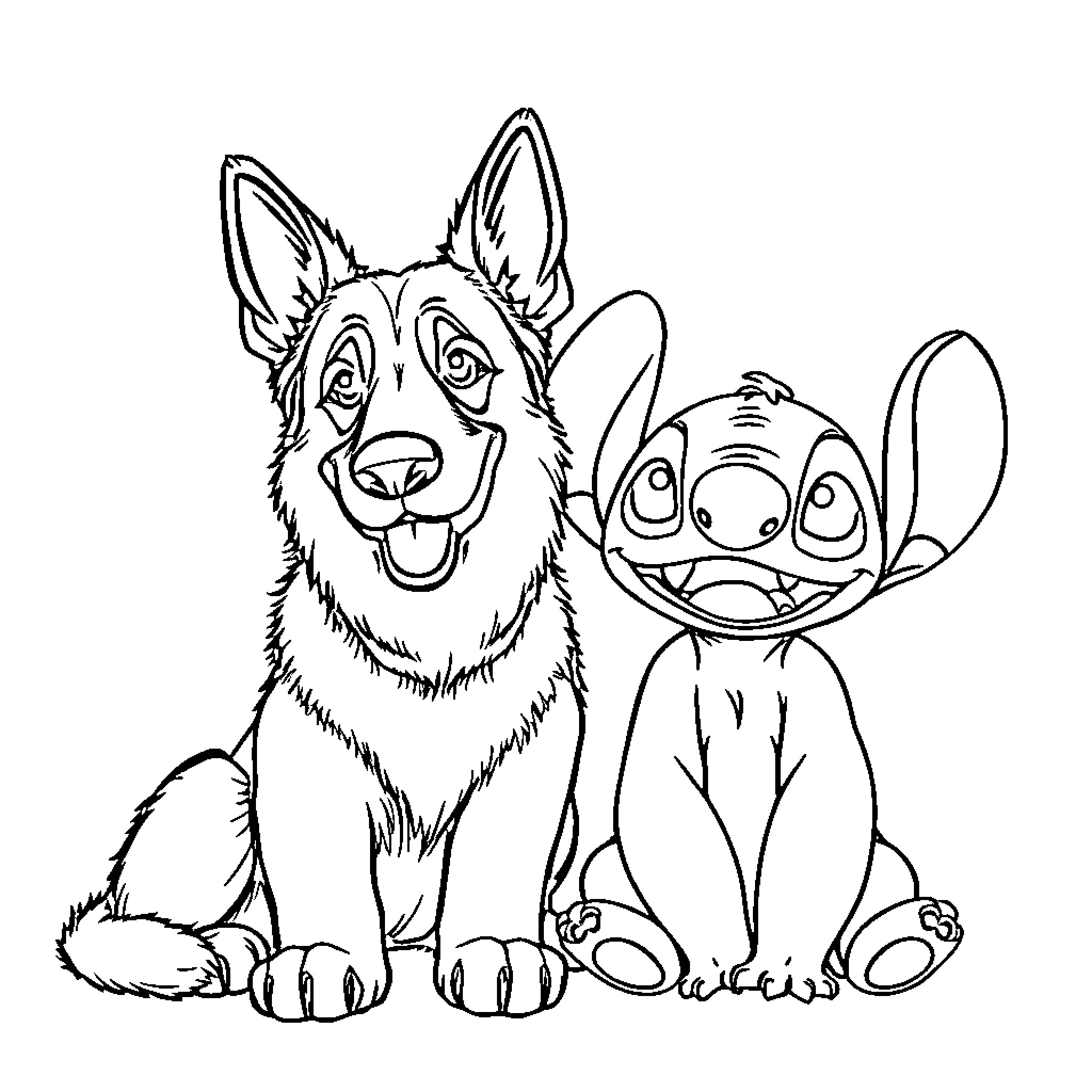 German Shepherd and Stitch Cartoon Characters Coloring Page (free black-and-white line drawing printable PDF for all, from beginners to advanced learners, including children, teens, adults, and seniors)