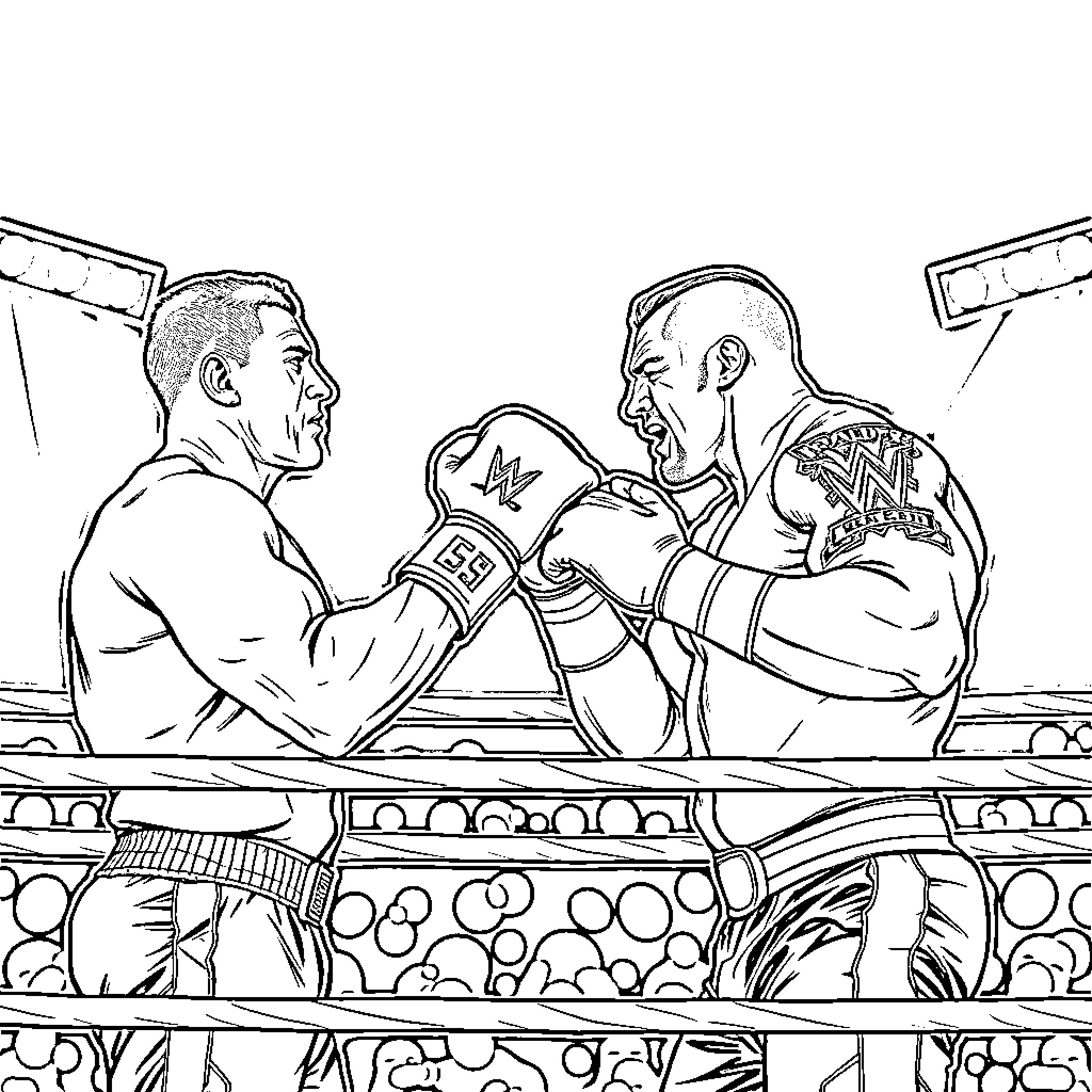 John Cena wrestling match with opponent in boxing ring Coloring Page (free black-and-white line drawing printable PDF for all, from beginners to advanced learners, including children, teens, adults, and seniors)