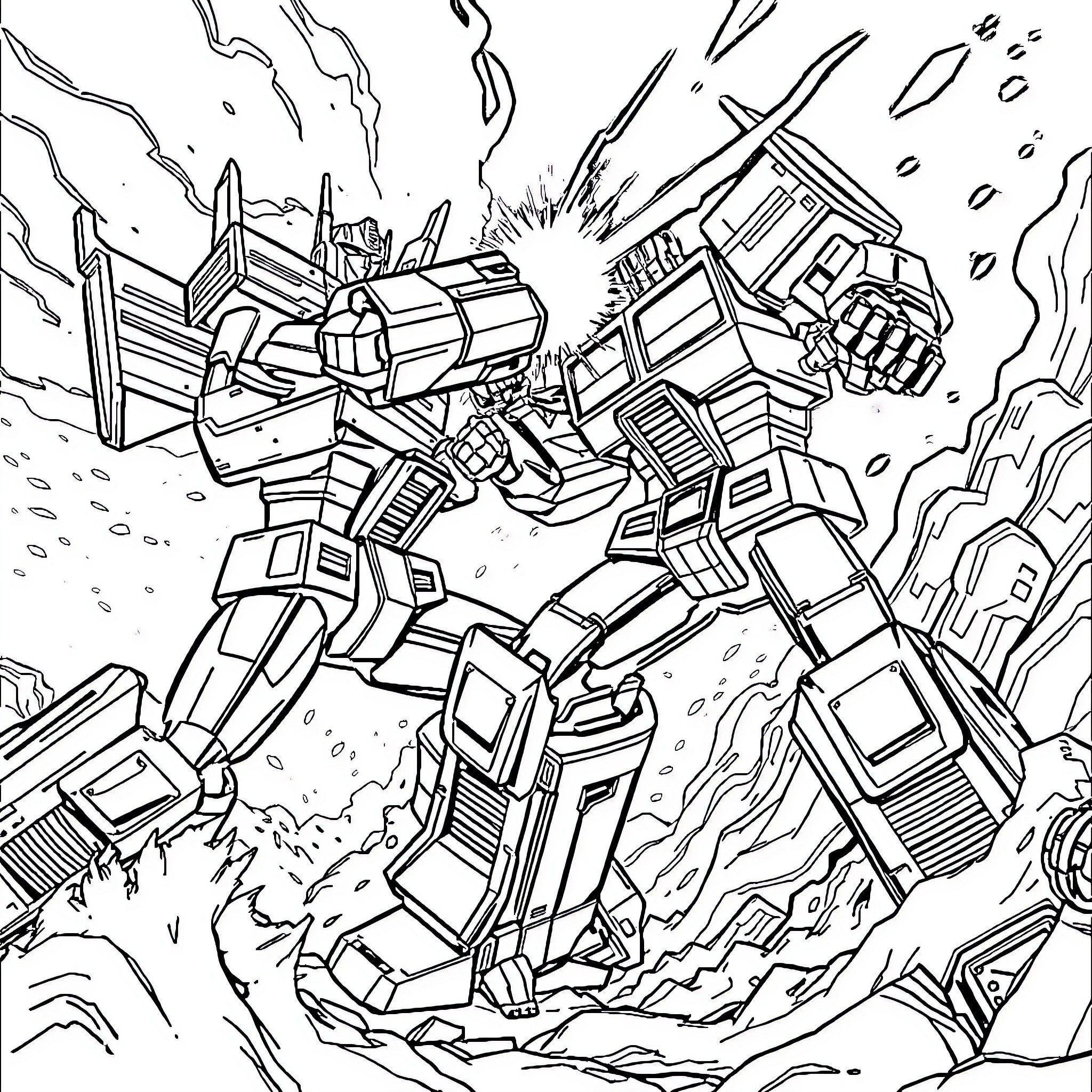 Optimus Prime in Fierce Battle Coloring Page (free black-and-white line drawing printable PDF for all, from beginners to advanced learners, including children, teens, adults, and seniors)