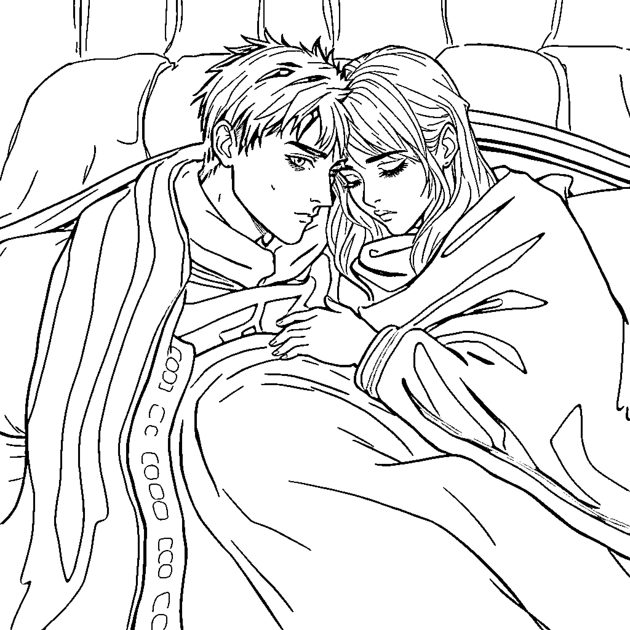 Draco characters in intimate embrace Coloring Page (free black-and-white line drawing printable PDF for all, from beginners to advanced learners, including children, teens, adults, and seniors)