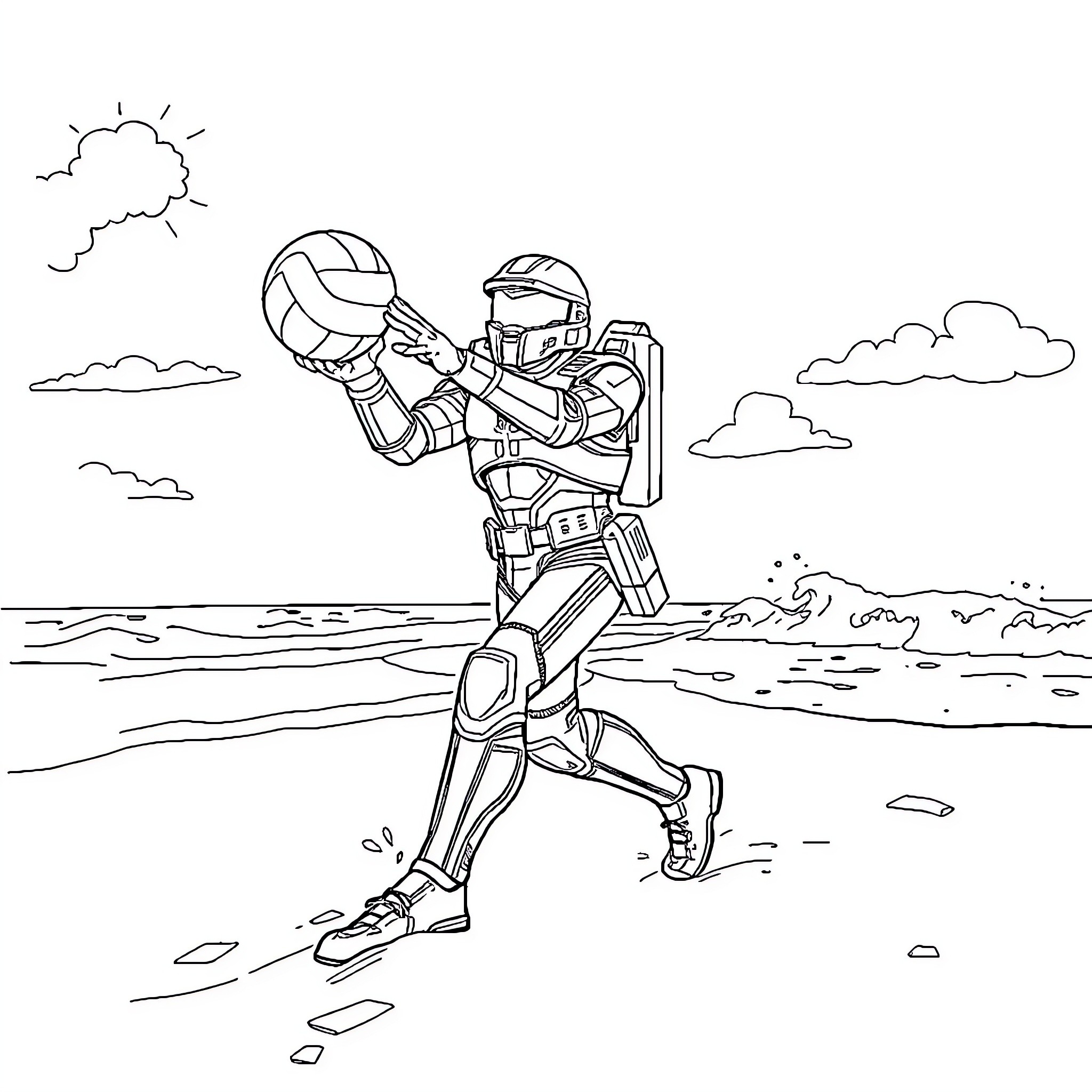 Master Chief playing volleyball on the beach Coloring Page (free black-and-white line drawing printable PDF for all, from beginners to advanced learners, including children, teens, adults, and seniors)