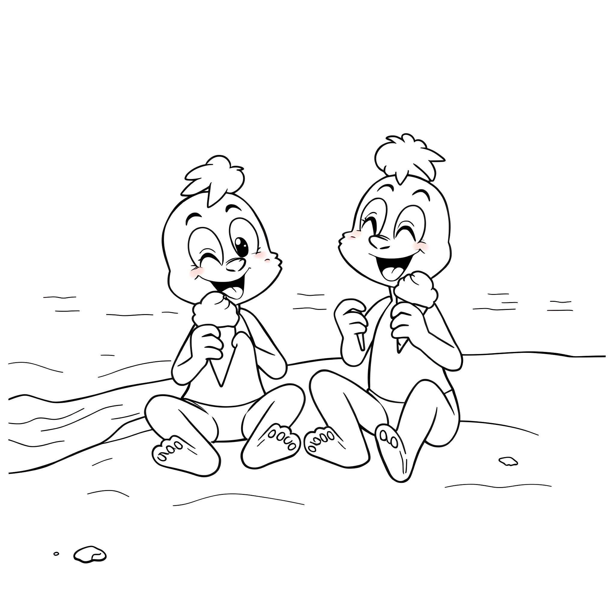 Bluey and friends enjoying a fun day at the beach Coloring Page (free black-and-white line drawing printable PDF for all, from beginners to advanced learners, including children, teens, adults, and seniors)