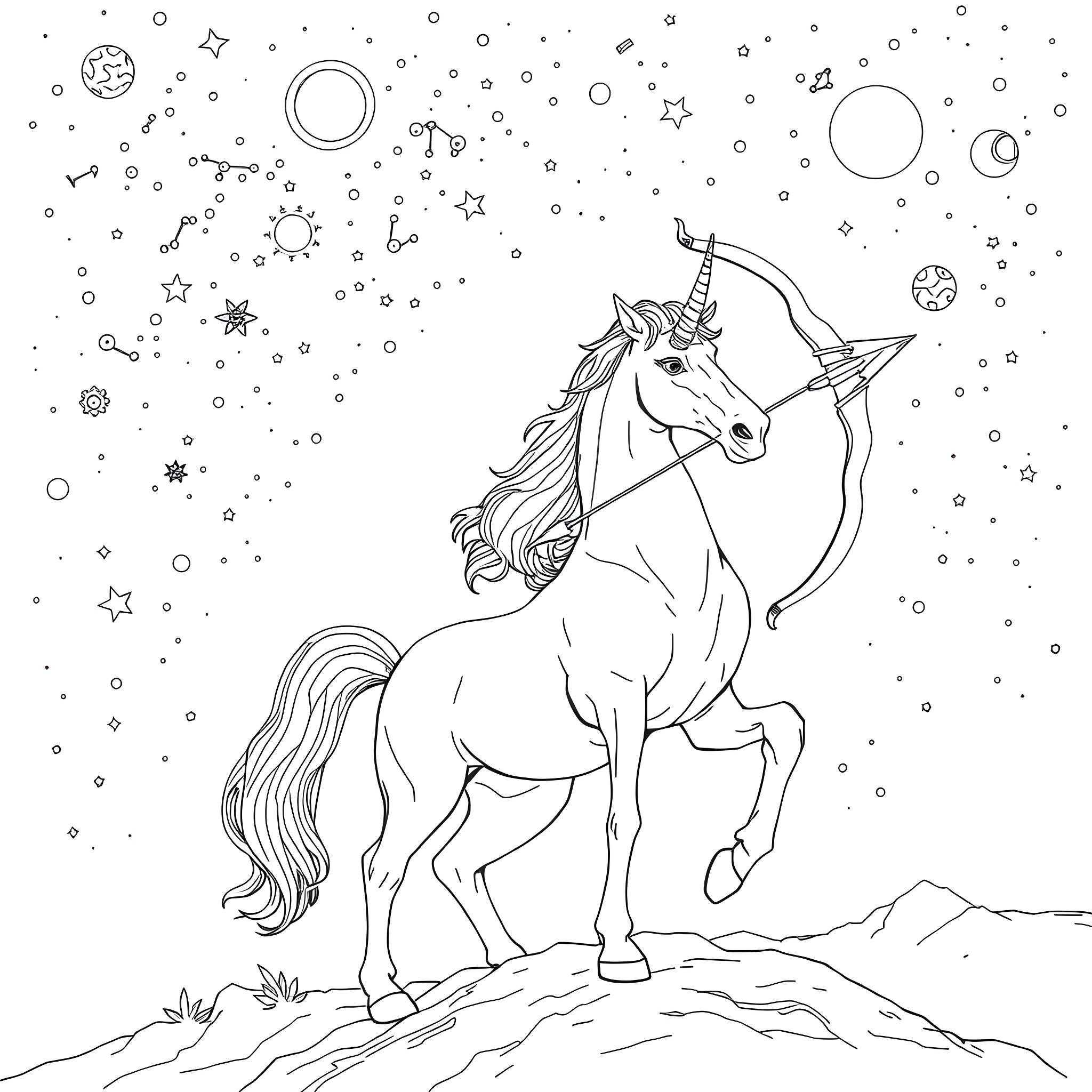 Sagittarius unicorn archer in the starry night Coloring Page (free black-and-white line drawing printable PDF for all, from beginners to advanced learners, including children, teens, adults, and seniors)