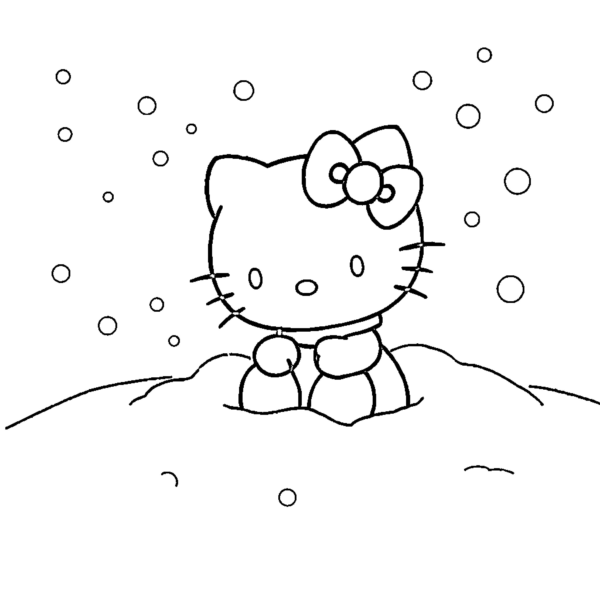 Hello Kitty enjoying a snowy day Coloring Page (free black-and-white line drawing printable PDF for all, from beginners to advanced learners, including children, teens, adults, and seniors)