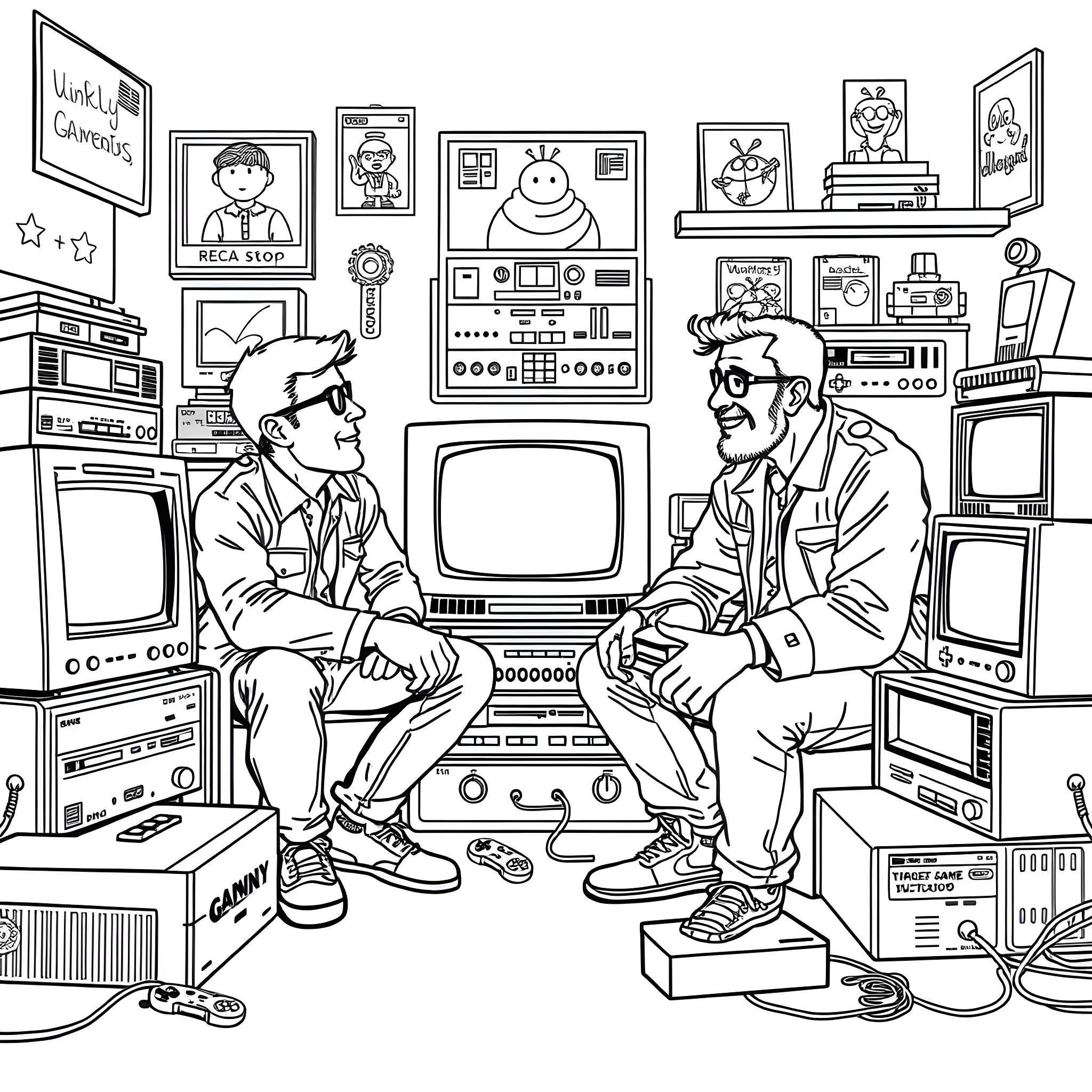 Danny and PJ play retro video games in the arcade Coloring Page (free black-and-white line drawing printable PDF for all, from beginners to advanced learners, including children, teens, adults, and seniors)