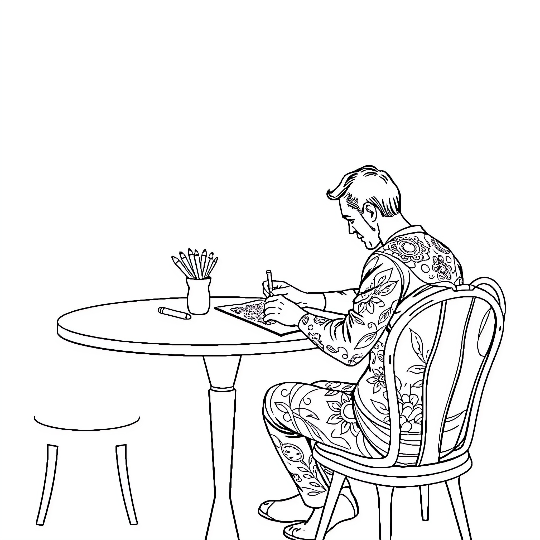 Mindful Contemplation in a Peaceful Setting Coloring Page (free black-and-white line drawing printable PDF for all, from beginners to advanced learners, including children, teens, adults, and seniors)