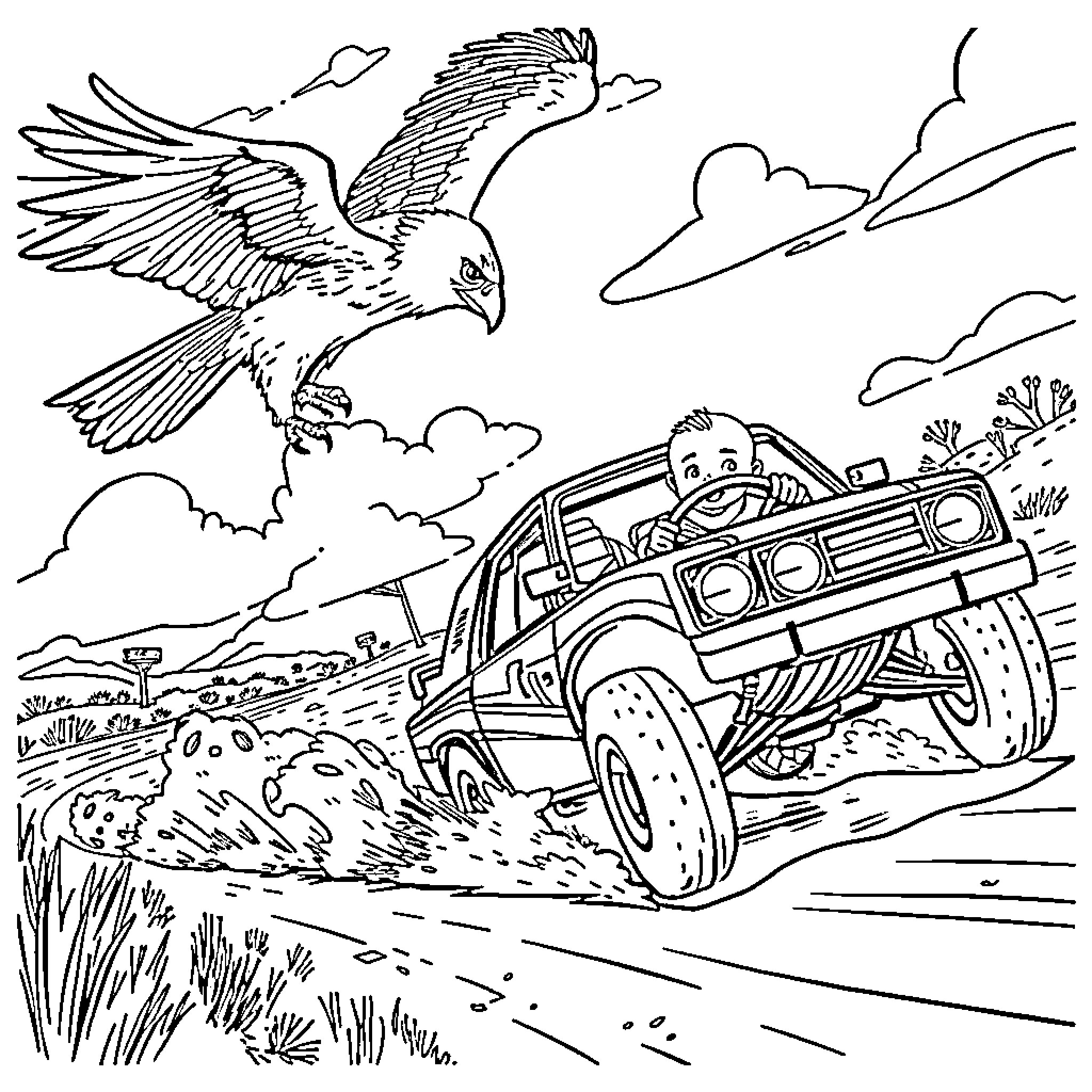 Rally Car Racing through Rugged Terrain with Eagle Coloring Page (free black-and-white line drawing printable PDF for all, from beginners to advanced learners, including children, teens, adults, and seniors)