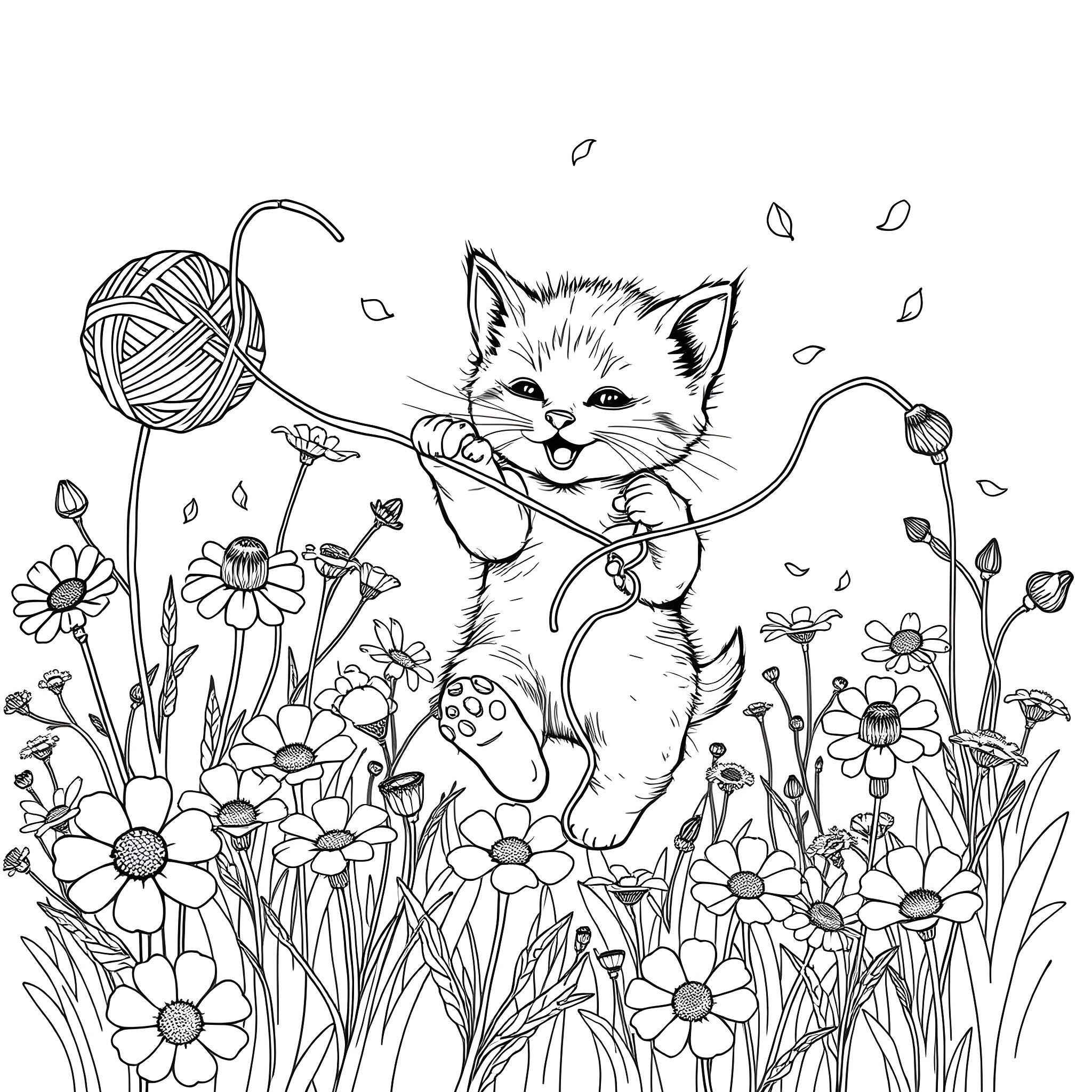 Kitten playing joyfully in the floral field Coloring Page (free black-and-white line drawing printable PDF for all, from beginners to advanced learners, including children, teens, adults, and seniors)
