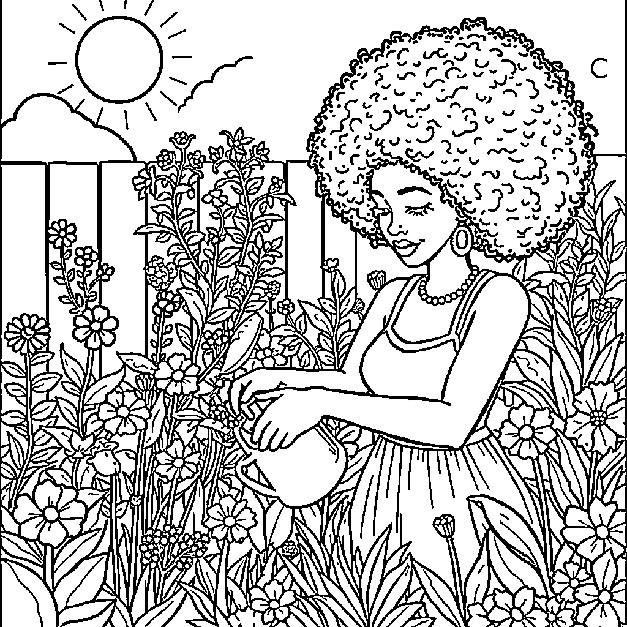 Woman enjoying nature in a floral garden Coloring Page (free black-and-white line drawing printable PDF for all, from beginners to advanced learners, including children, teens, adults, and seniors)