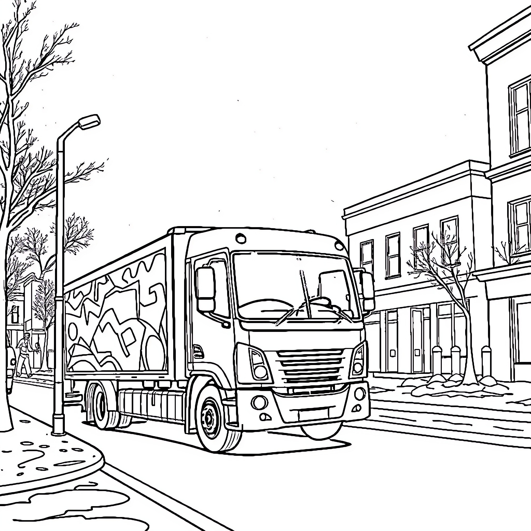 Ice Cream Truck Delivering Treats on City Street Coloring Page (free black-and-white line drawing printable PDF for all, from beginners to advanced learners, including children, teens, adults, and seniors)