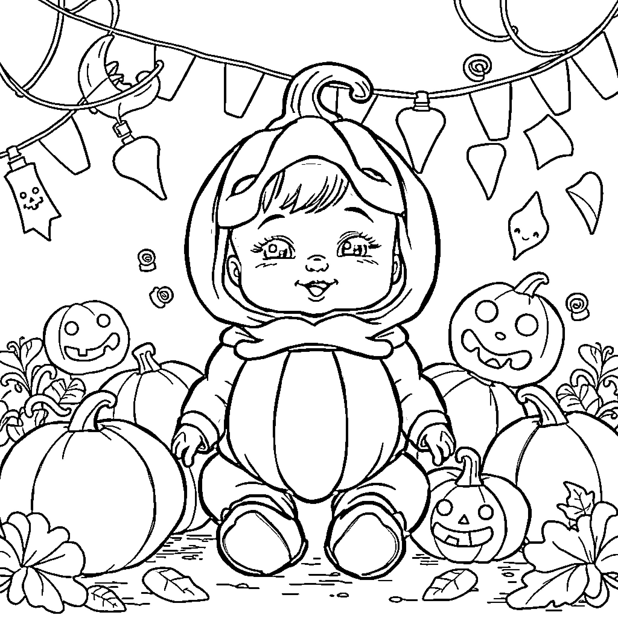 Baby in Halloween Costume Among Pumpkins Coloring Page (free black-and-white line drawing printable PDF for all, from beginners to advanced learners, including children, teens, adults, and seniors)