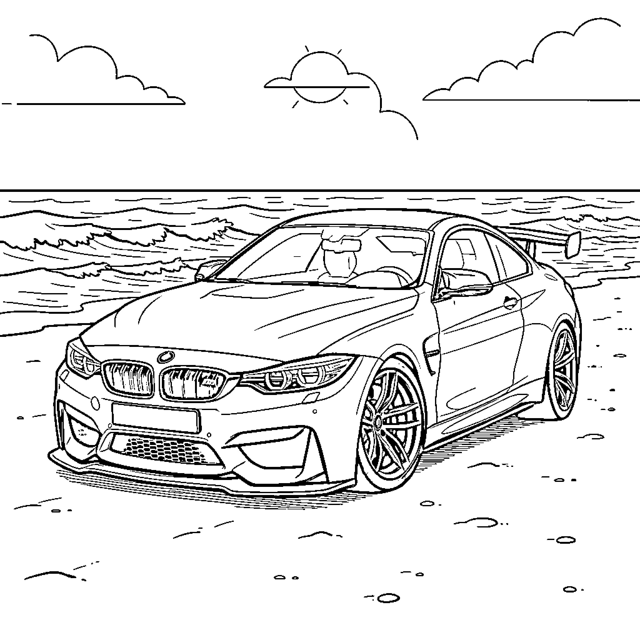 BMW M4 driving along a sunny beach shoreline Coloring Page (free black-and-white line drawing printable PDF for all, from beginners to advanced learners, including children, teens, adults, and seniors)