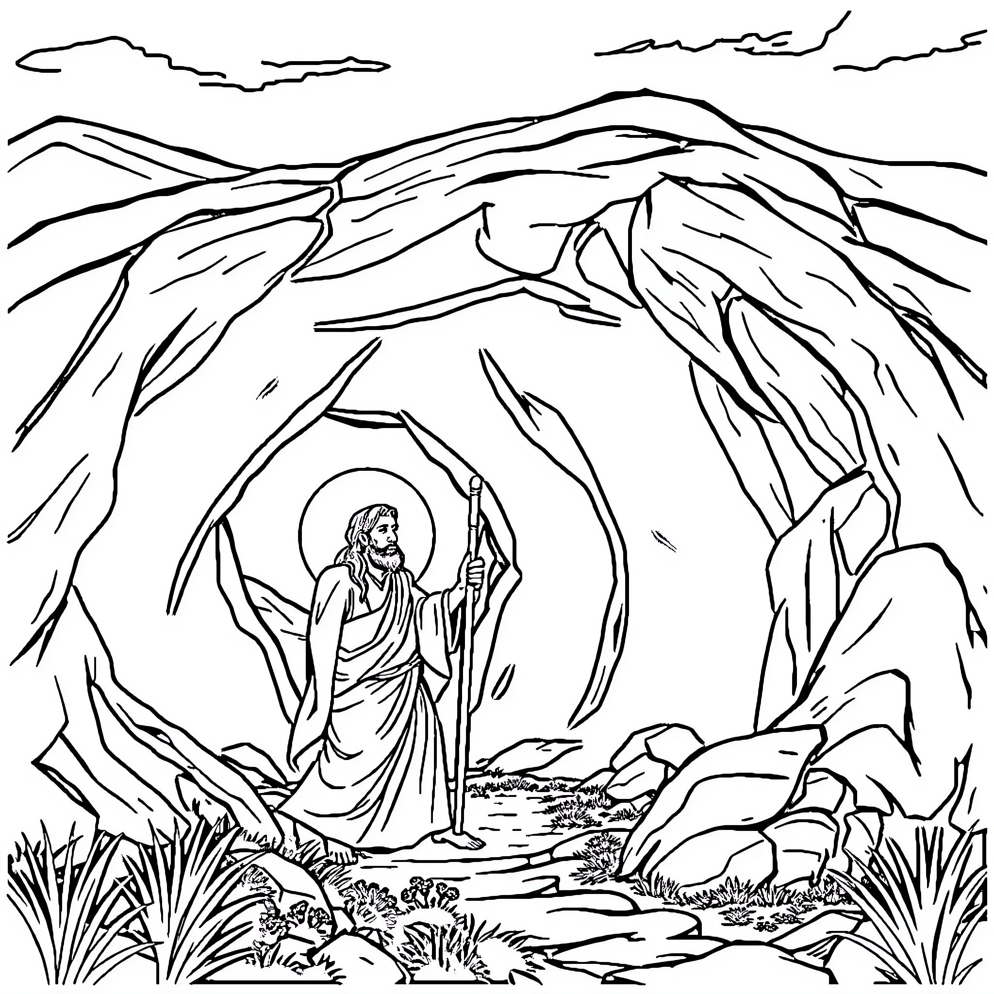 King stands triumphantly in rugged mountain landscape Coloring Page (free black-and-white line drawing printable PDF for all, from beginners to advanced learners, including children, teens, adults, and seniors)
