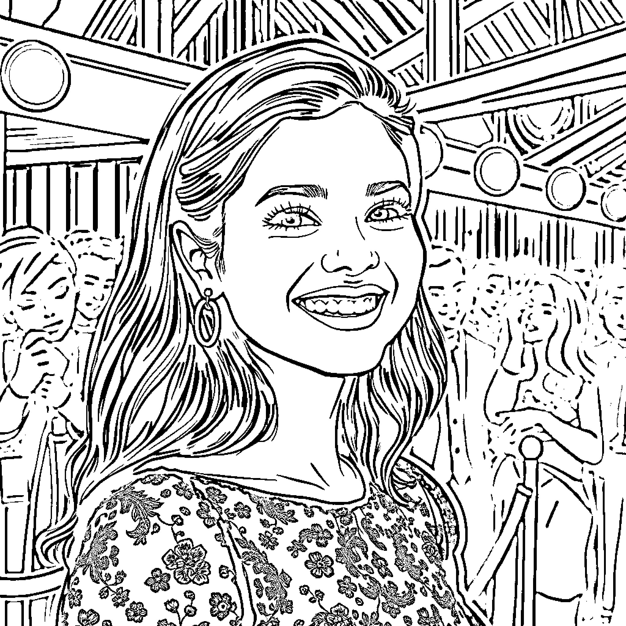 Jenna Ortega's Vibrant and Expressive Portrait Coloring Page (free black-and-white line drawing printable PDF for all, from beginners to advanced learners, including children, teens, adults, and seniors)