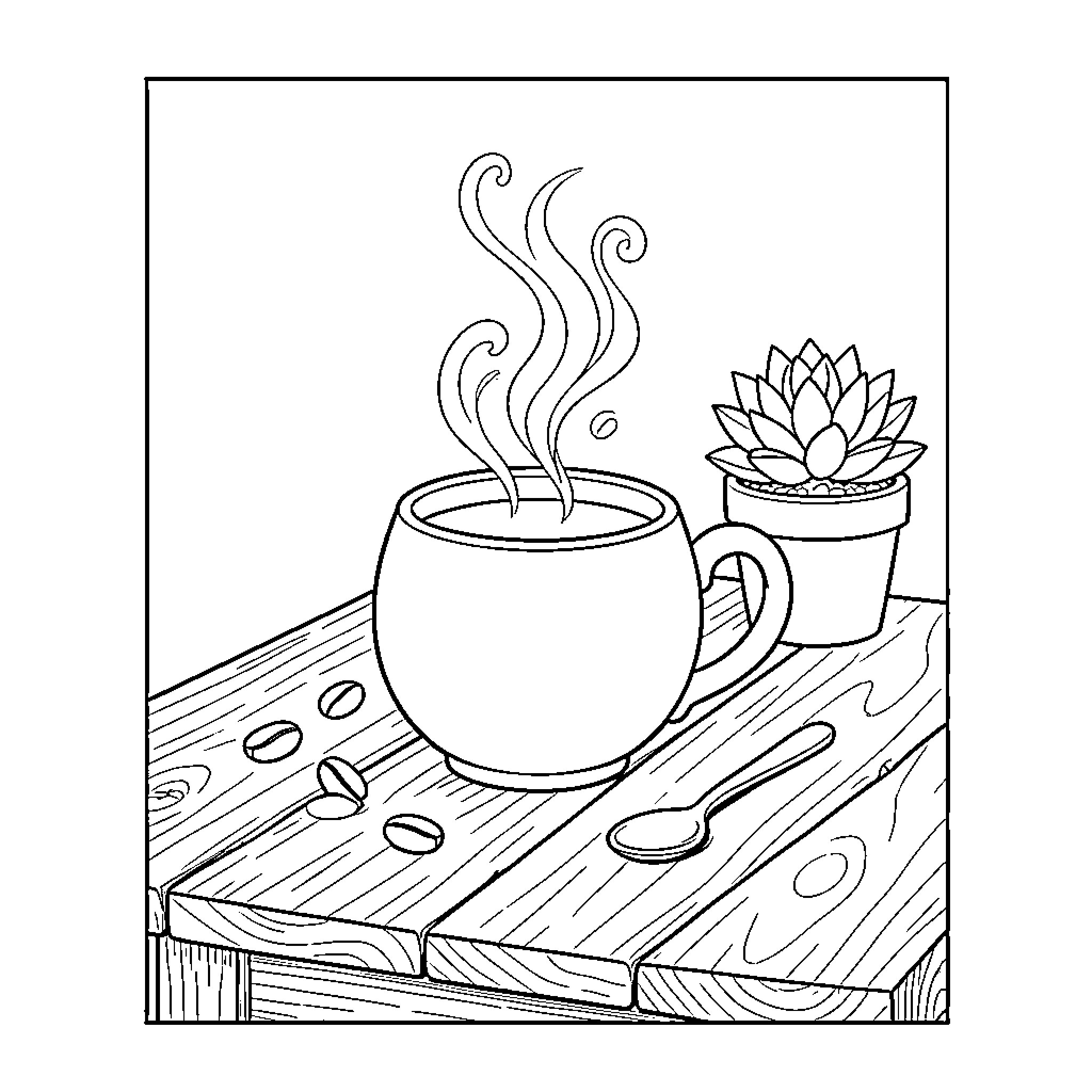 Coffee Mug with Steam on Wooden Table Coloring Page (free black-and-white line drawing printable PDF for all, from beginners to advanced learners, including children, teens, adults, and seniors)