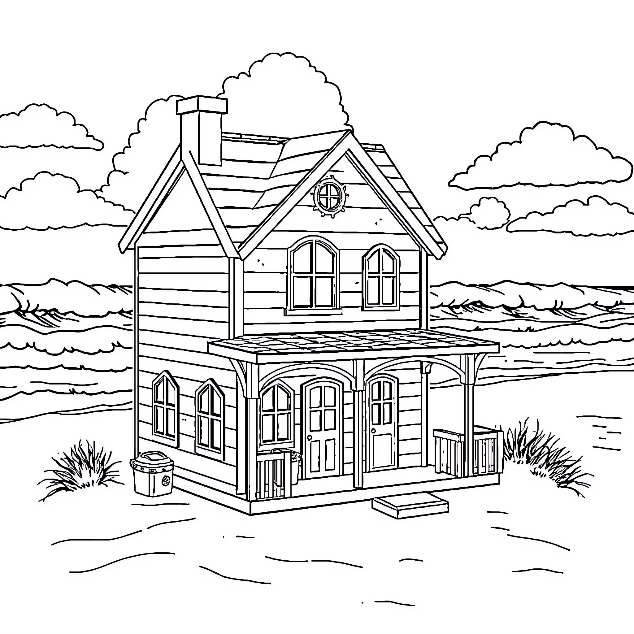 Gabby Dollhouse in Scenic Lakeside Setting Coloring Page (free black-and-white line drawing printable PDF for all, from beginners to advanced learners, including children, teens, adults, and seniors)