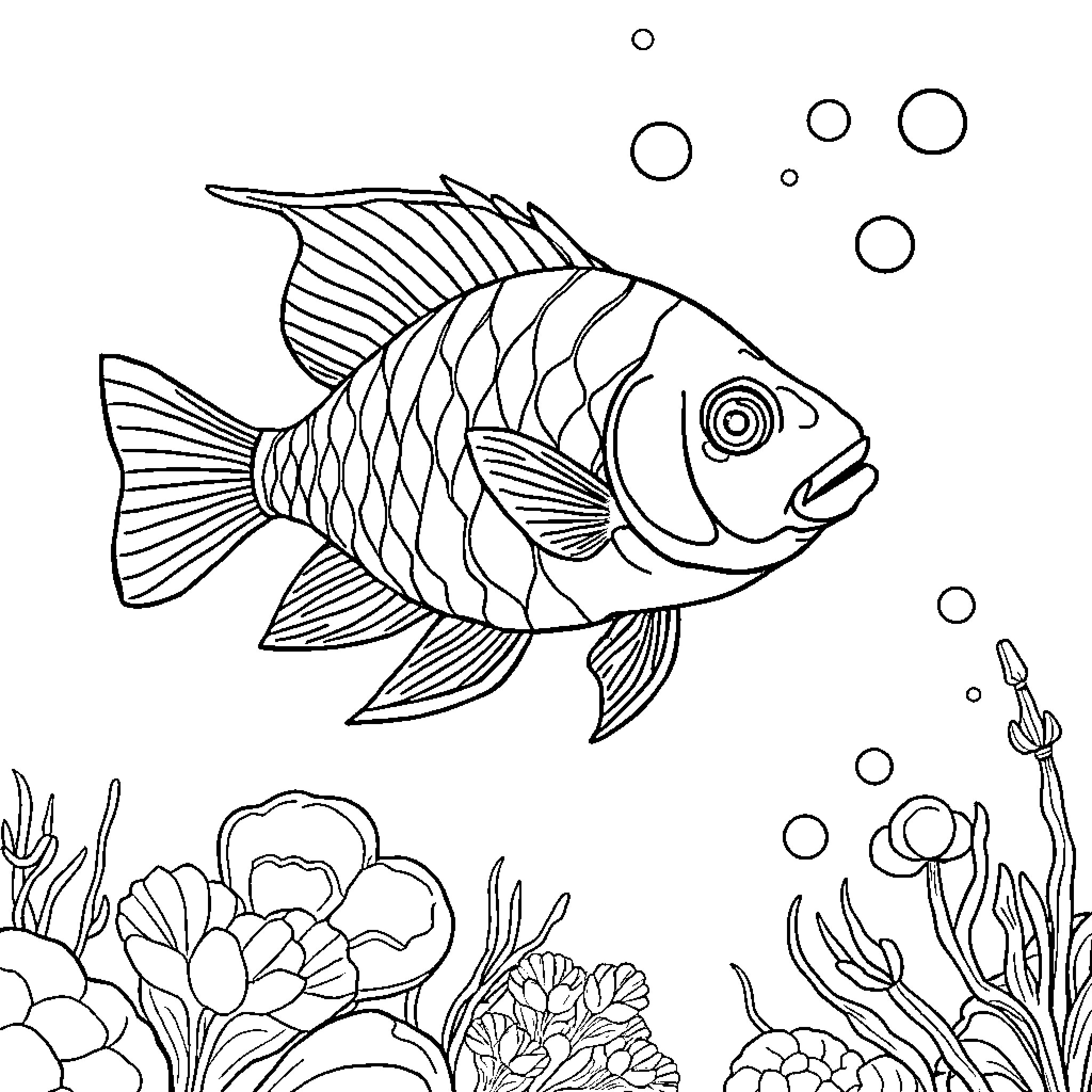 Fish swimming amidst underwater flora and bubbles Coloring Page (free black-and-white line drawing printable PDF for all, from beginners to advanced learners, including children, teens, adults, and seniors)