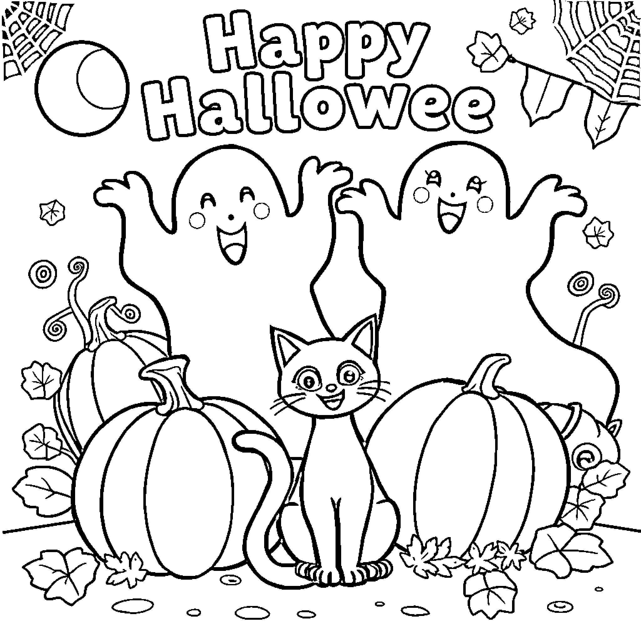Halloween ghosts, pumpkins, and a curious cat Coloring Page (free black-and-white line drawing printable PDF for all, from beginners to advanced learners, including children, teens, adults, and seniors)