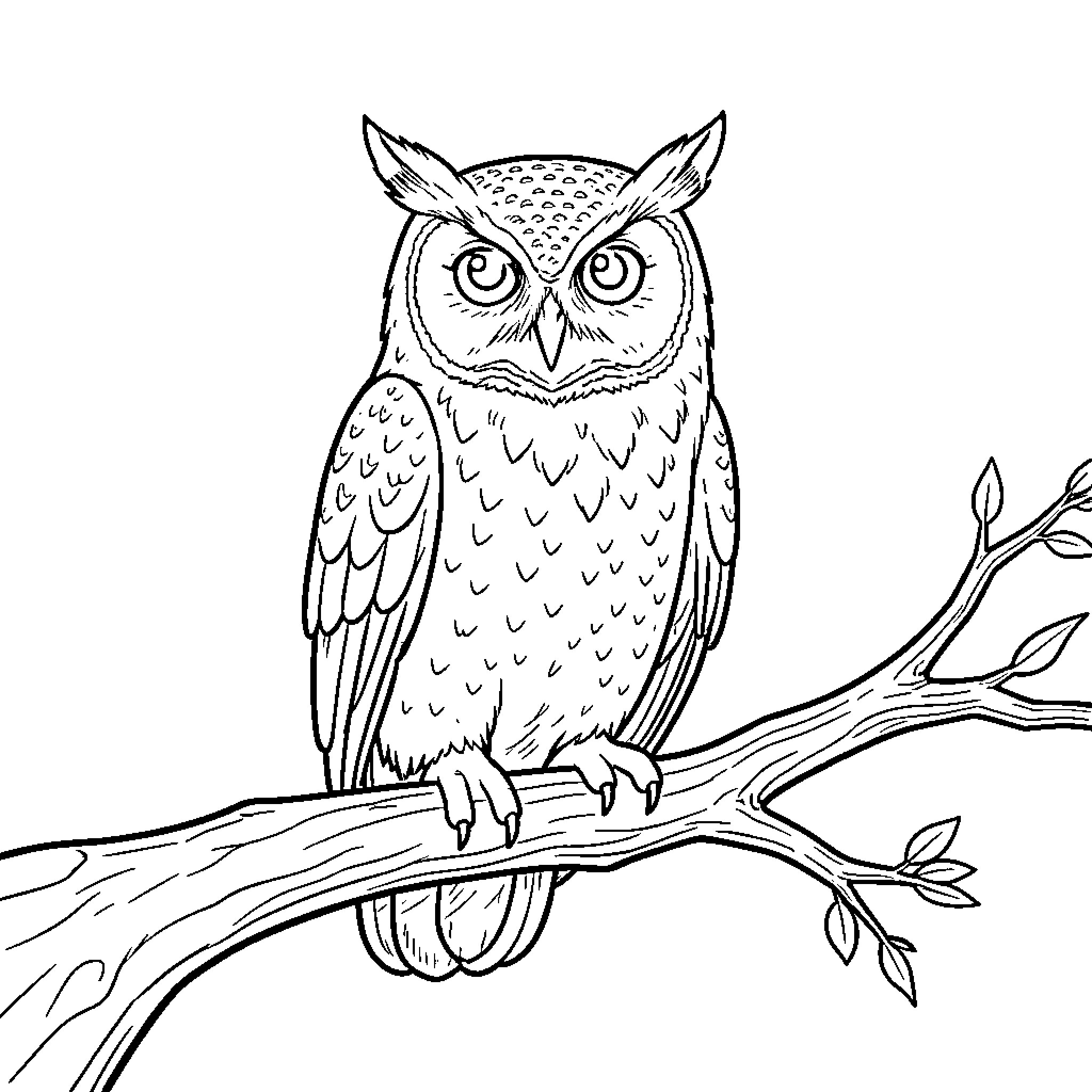 Búho perched on a tree branch Coloring Page (free black-and-white line drawing printable PDF for all, from beginners to advanced learners, including children, teens, adults, and seniors)