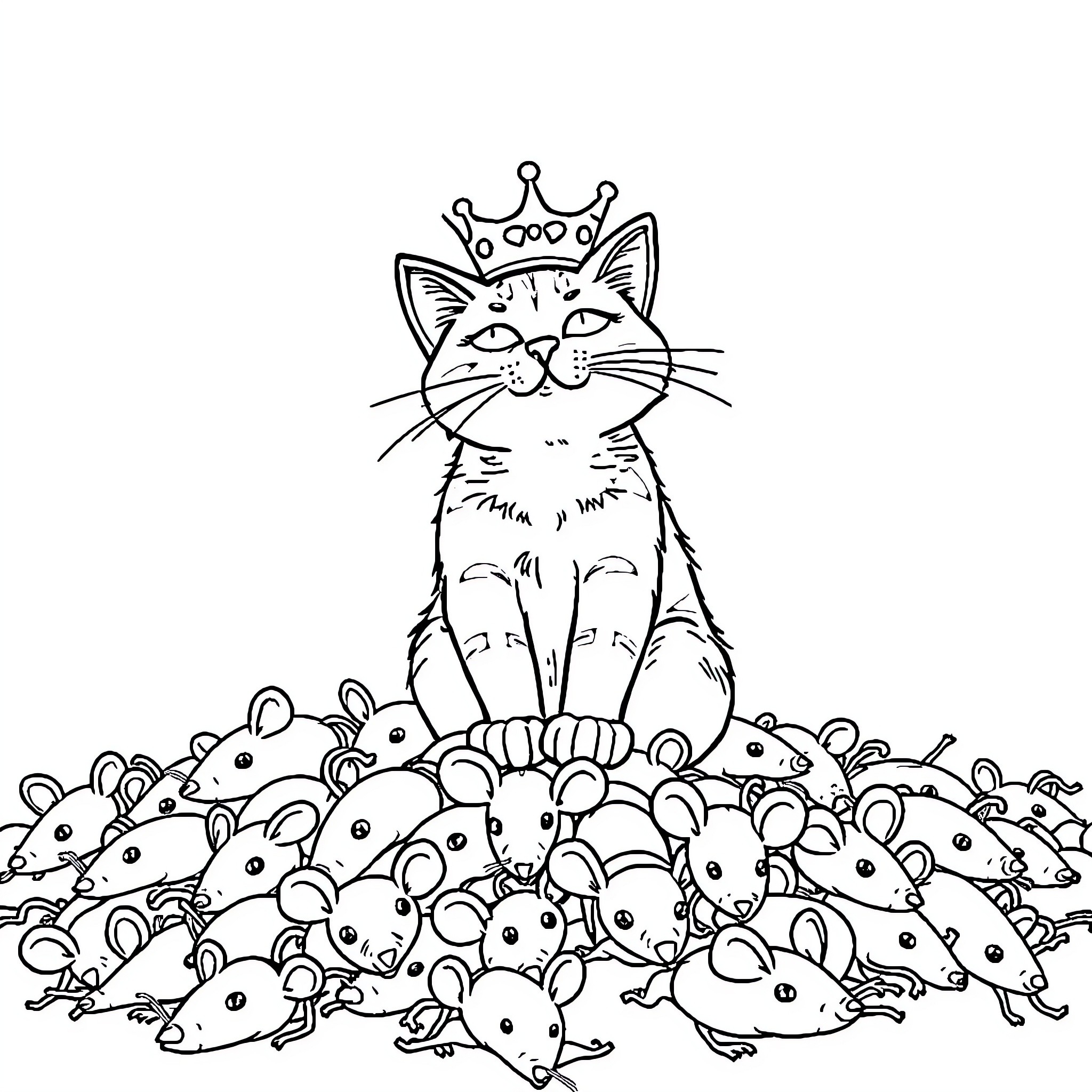 Cat King surrounded by loyal mouse subjects Coloring Page (free black-and-white line drawing printable PDF for all, from beginners to advanced learners, including children, teens, adults, and seniors)