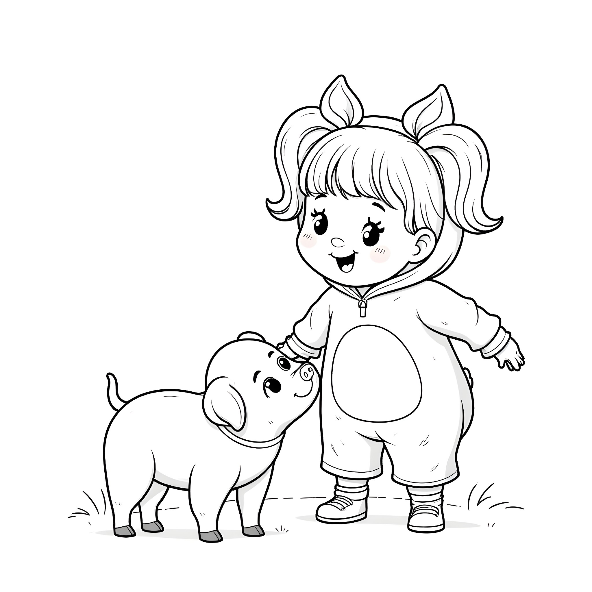Girl playing with her puppy friend Coloring Page (free black-and-white line drawing printable PDF for all, from beginners to advanced learners, including children, teens, adults, and seniors)