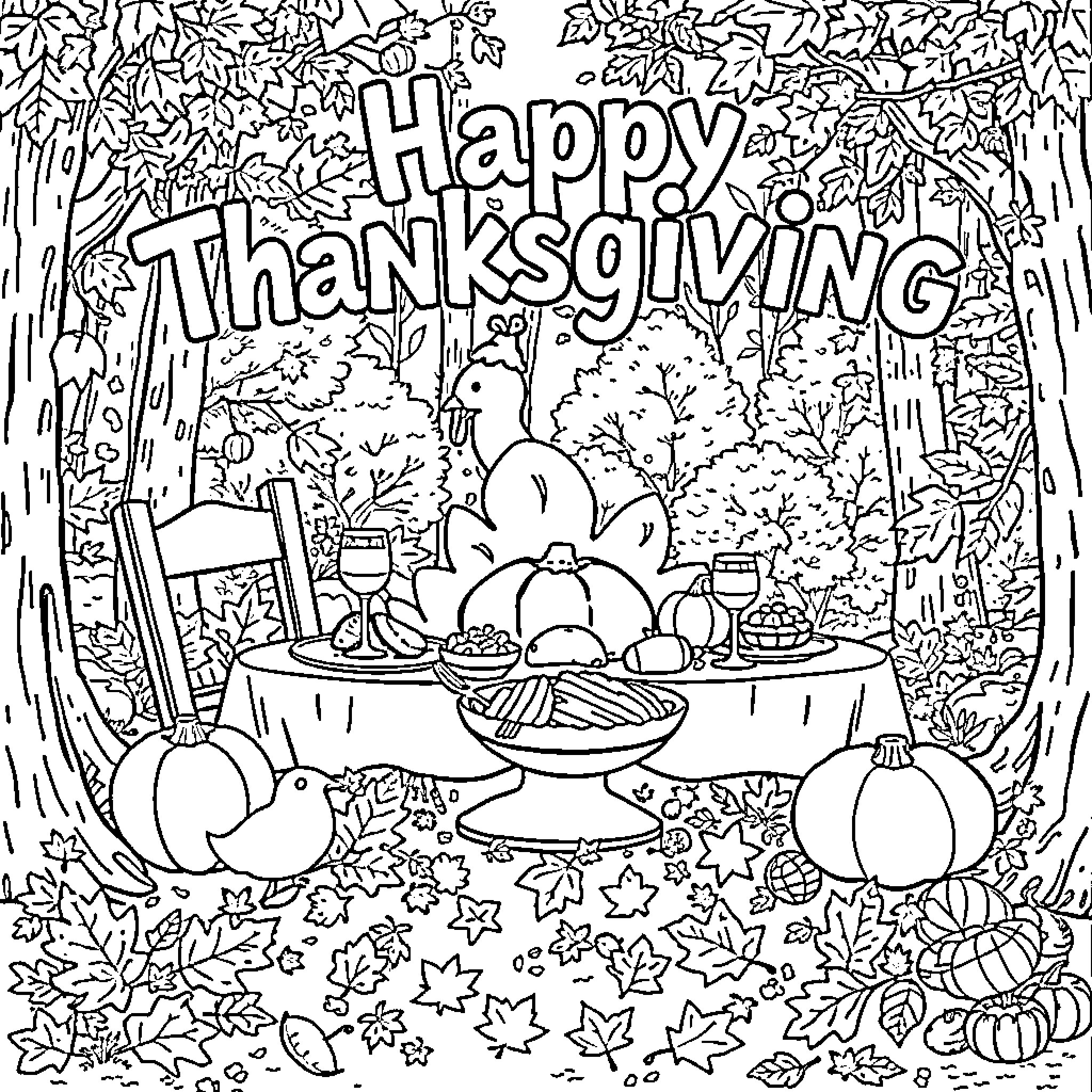 Thanksgiving Feast in the Autumn Forest Coloring Page (free black-and-white line drawing printable PDF for all, from beginners to advanced learners, including children, teens, adults, and seniors)