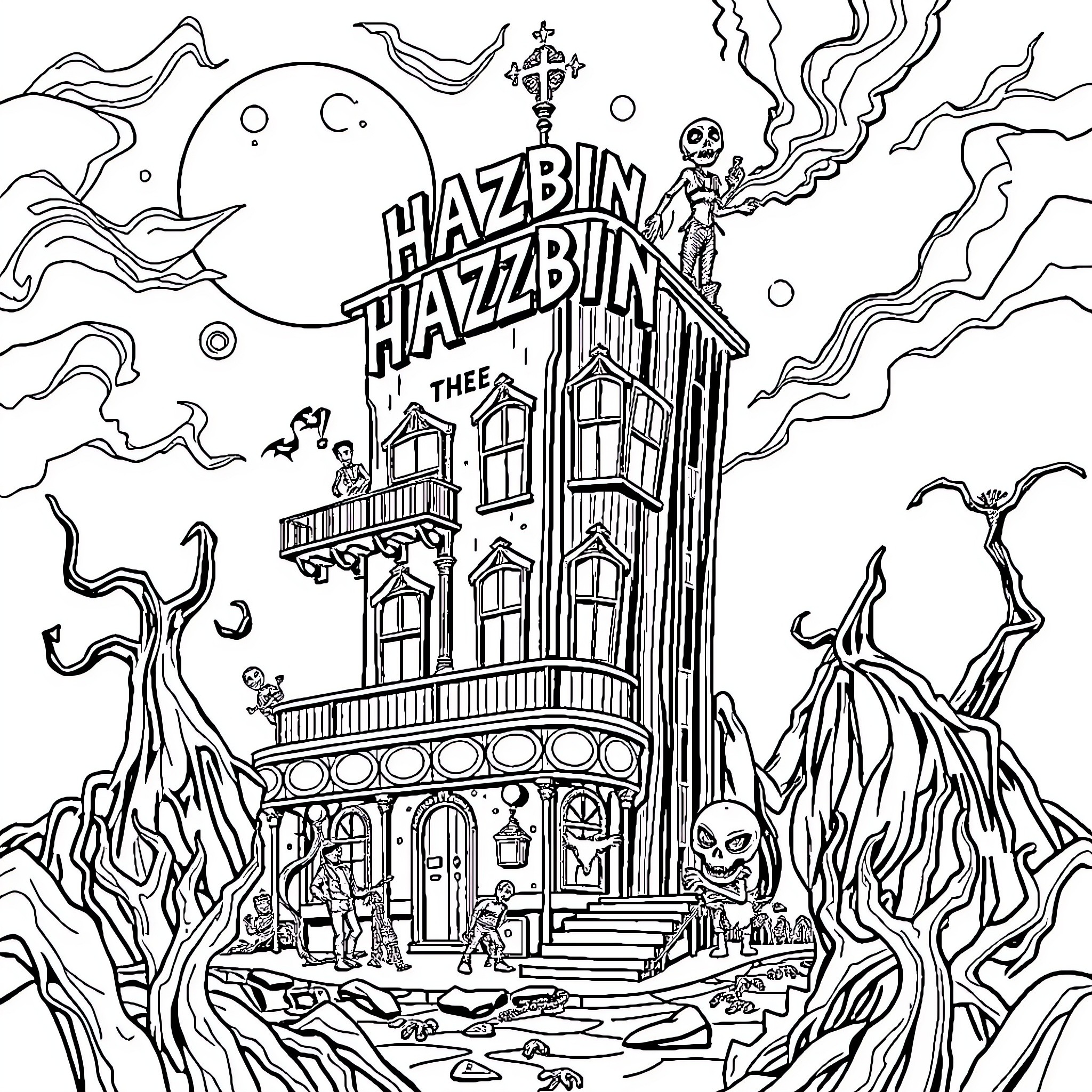 Hazbin Hotel: Spooky Establishment in the Supernatural Realm Coloring Page (free black-and-white line drawing printable PDF for all, from beginners to advanced learners, including children, teens, adults, and seniors)