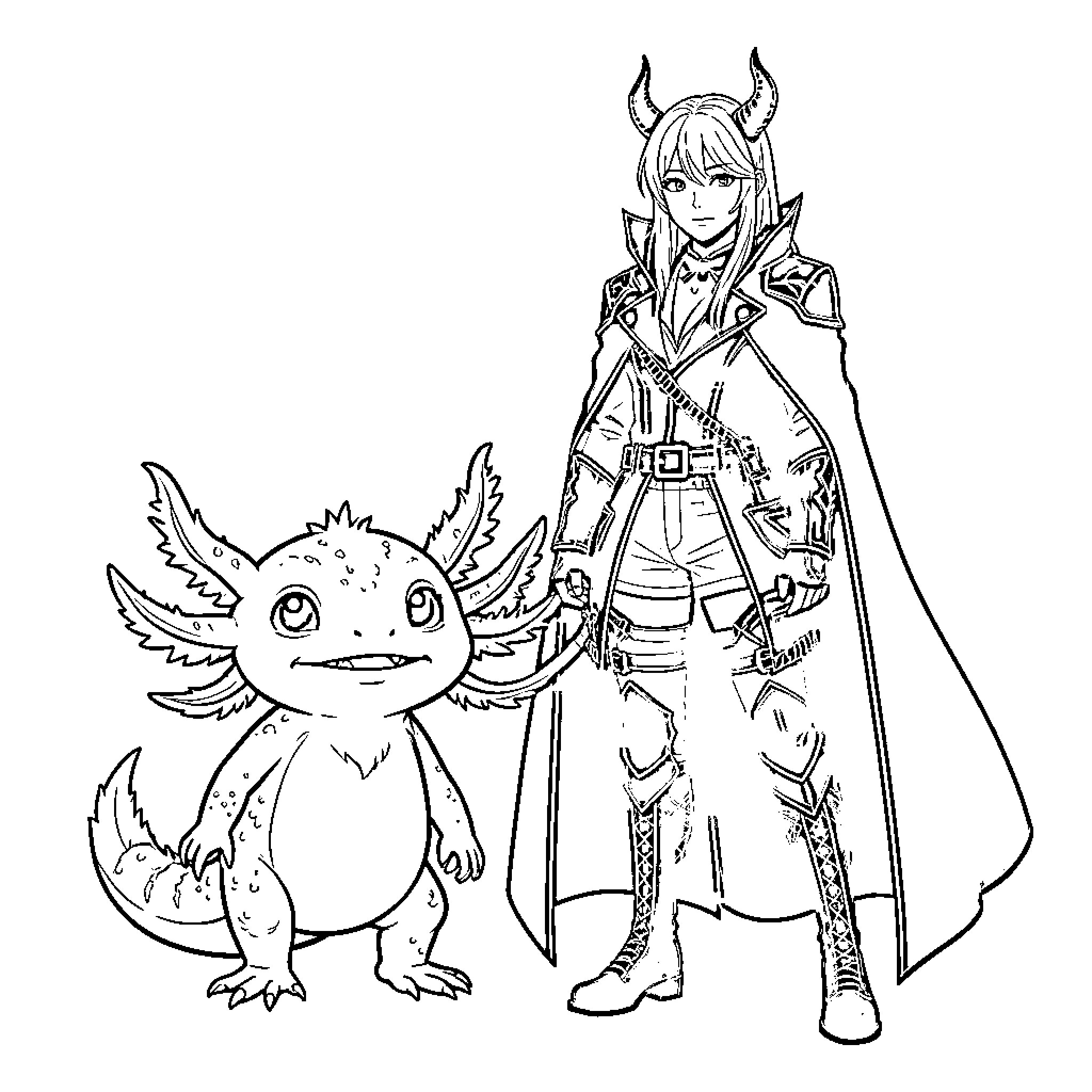 Axolotl Companion and Warrior in Anime Style Coloring Page (free black-and-white line drawing printable PDF for all, from beginners to advanced learners, including children, teens, adults, and seniors)