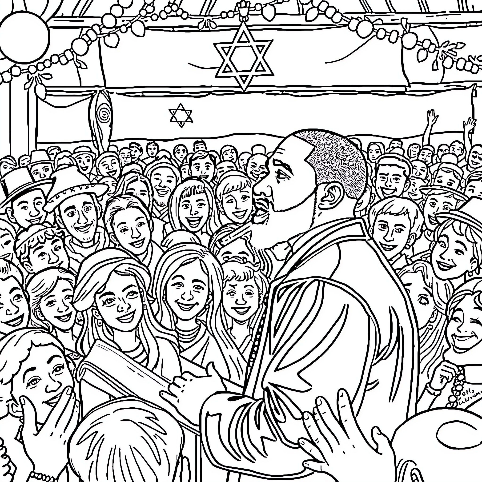 Kanye West celebrating Hanukkah with a Jewish community Coloring Page (free black-and-white line drawing printable PDF for all, from beginners to advanced learners, including children, teens, adults, and seniors)